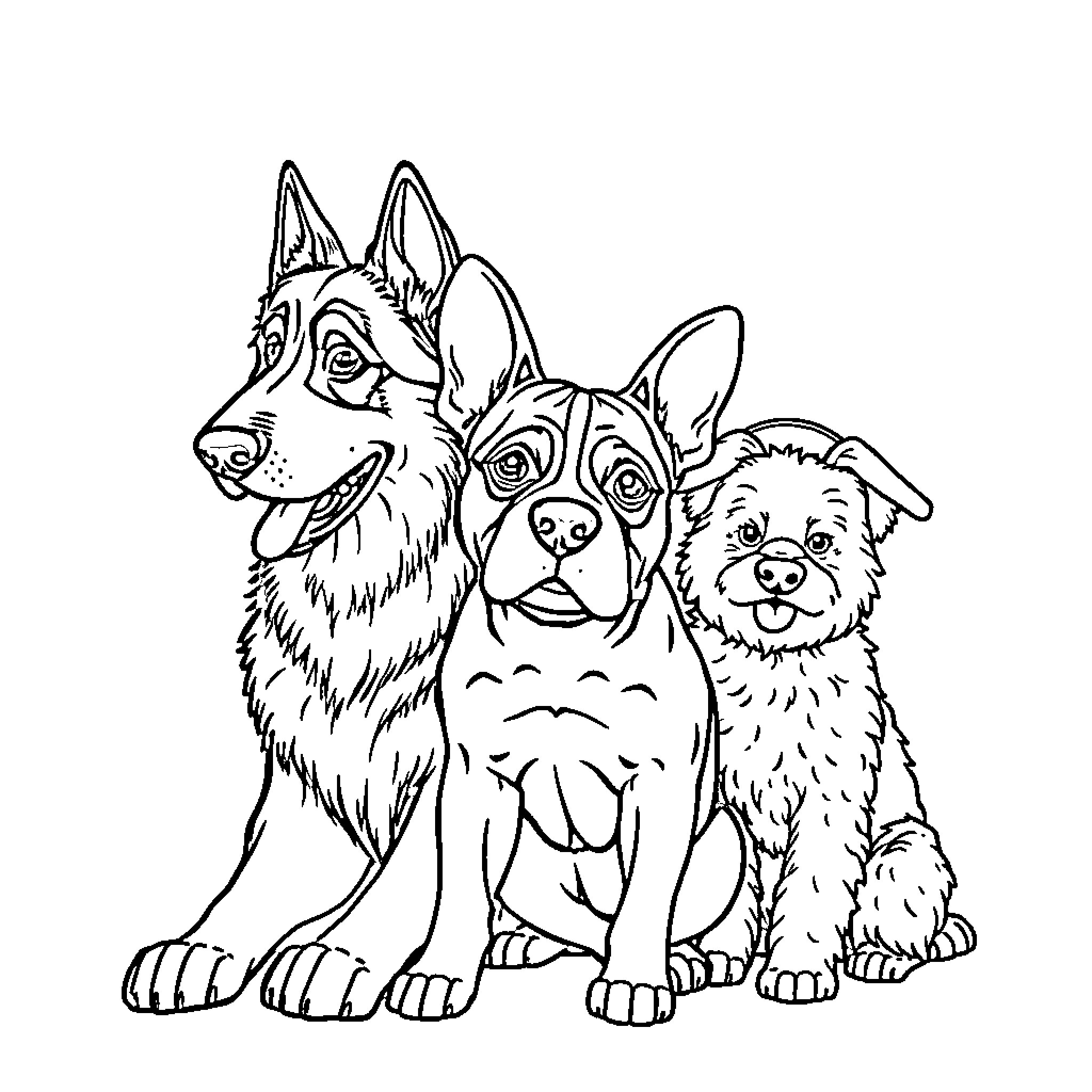 Dog friends posing happily together Coloring Page (free black-and-white line drawing printable PDF for all, from beginners to advanced learners, including children, teens, adults, and seniors)