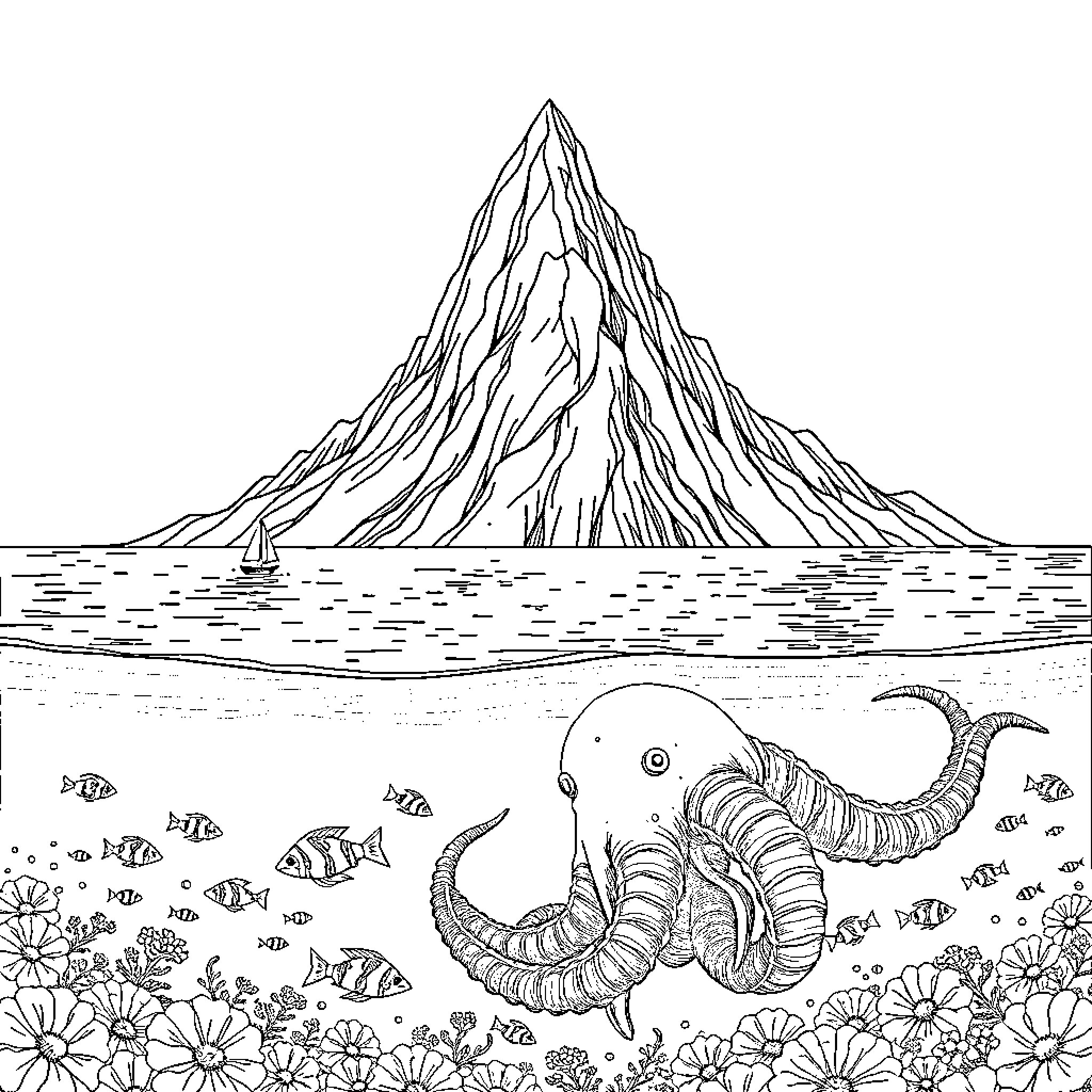 Mountain landscape with underwater sea creatures Coloring Page (free black-and-white line drawing printable PDF for all, from beginners to advanced learners, including children, teens, adults, and seniors)