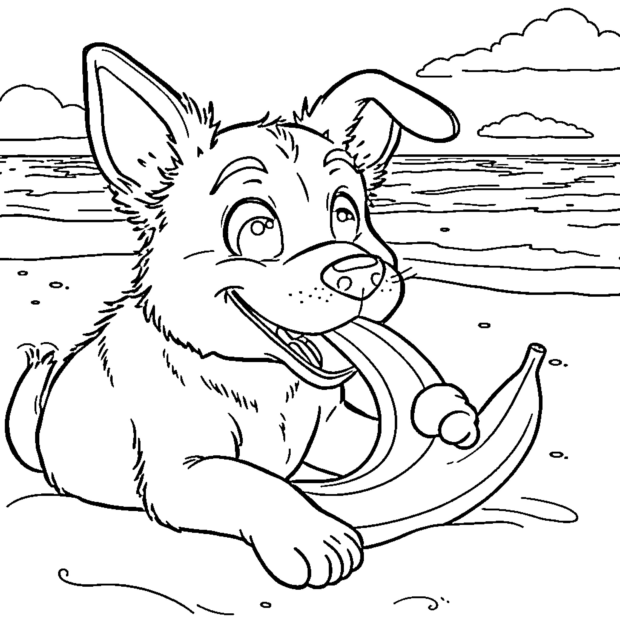 Bluey playing happily by the water Coloring Page (free black-and-white line drawing printable PDF for all, from beginners to advanced learners, including children, teens, adults, and seniors)