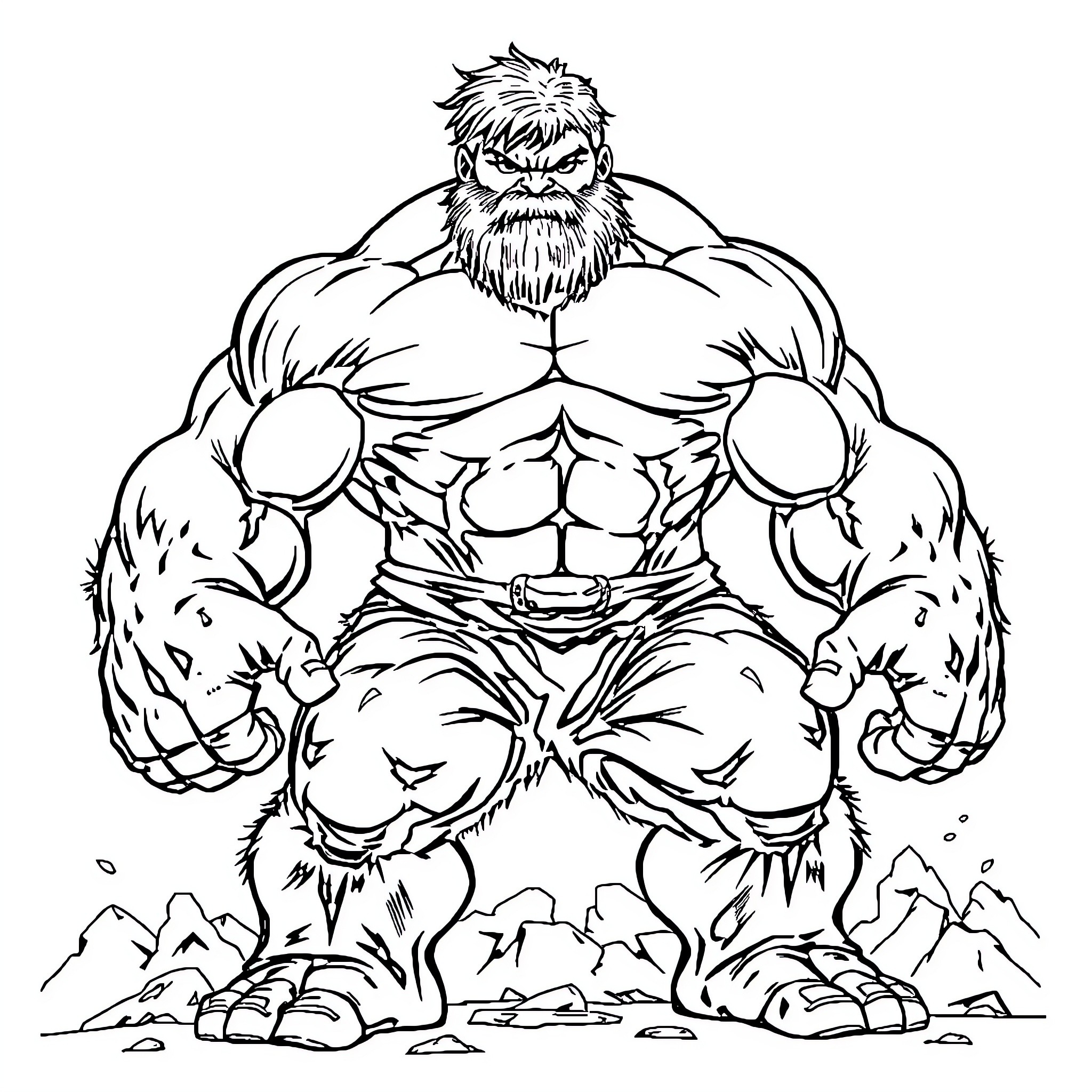 Hulk raging with muscular might in nature Coloring Page (free black-and-white line drawing printable PDF for all, from beginners to advanced learners, including children, teens, adults, and seniors)