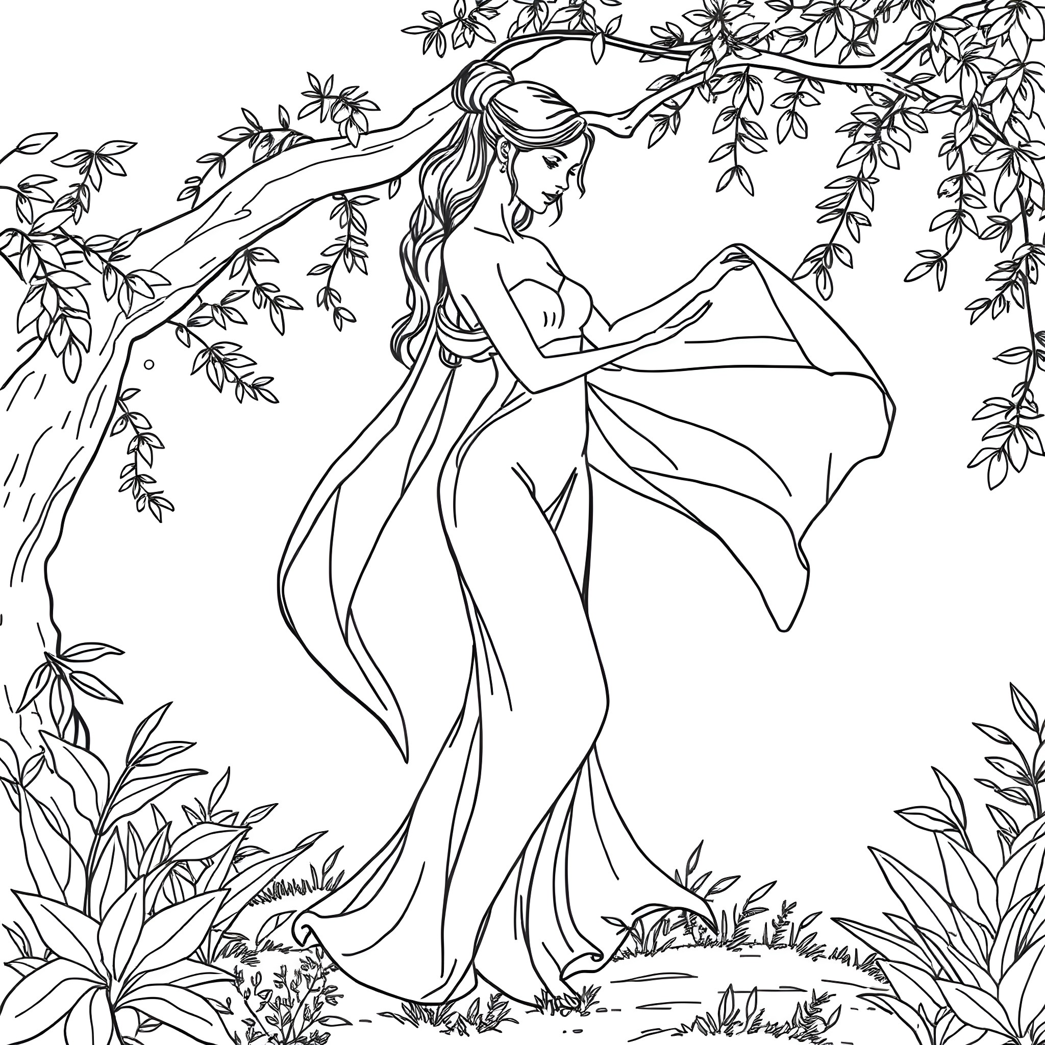 Woman dancing gracefully in a floral garden Coloring Page (free black-and-white line drawing printable PDF for all, from beginners to advanced learners, including children, teens, adults, and seniors)