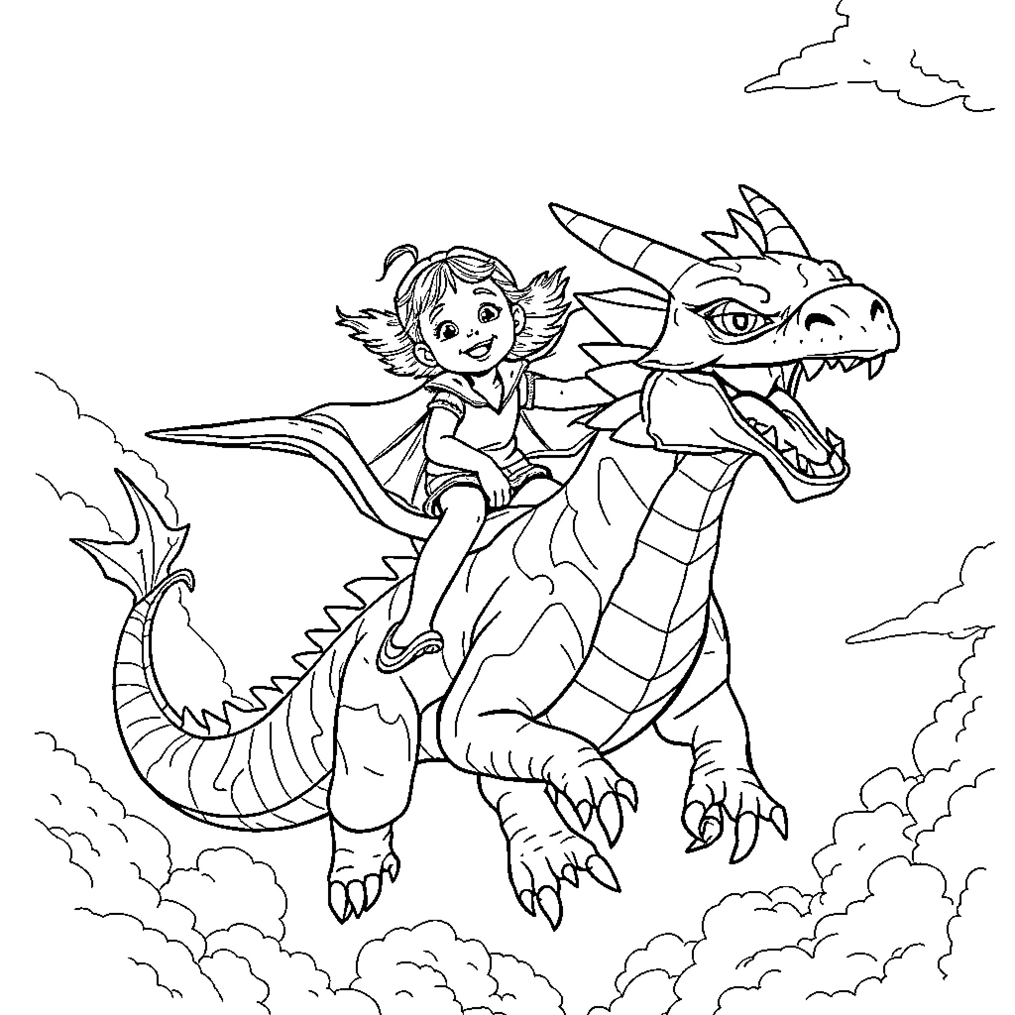 Girl riding a fierce dragon in the sky Coloring Page (free black-and-white line drawing printable PDF for all, from beginners to advanced learners, including children, teens, adults, and seniors)