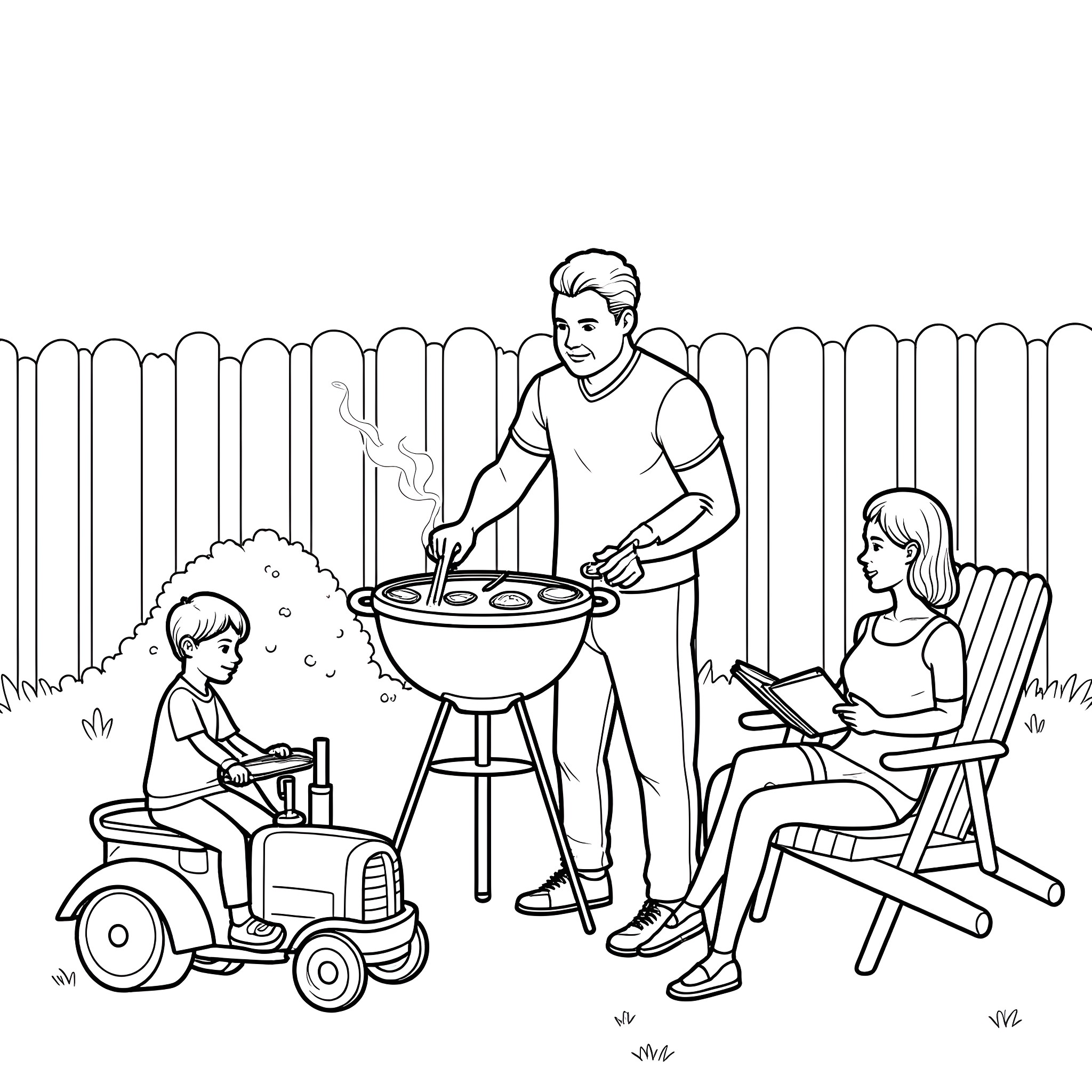 Dad and family having a backyard BBQ Coloring Page (free black-and-white line drawing printable PDF for all, from beginners to advanced learners, including children, teens, adults, and seniors)