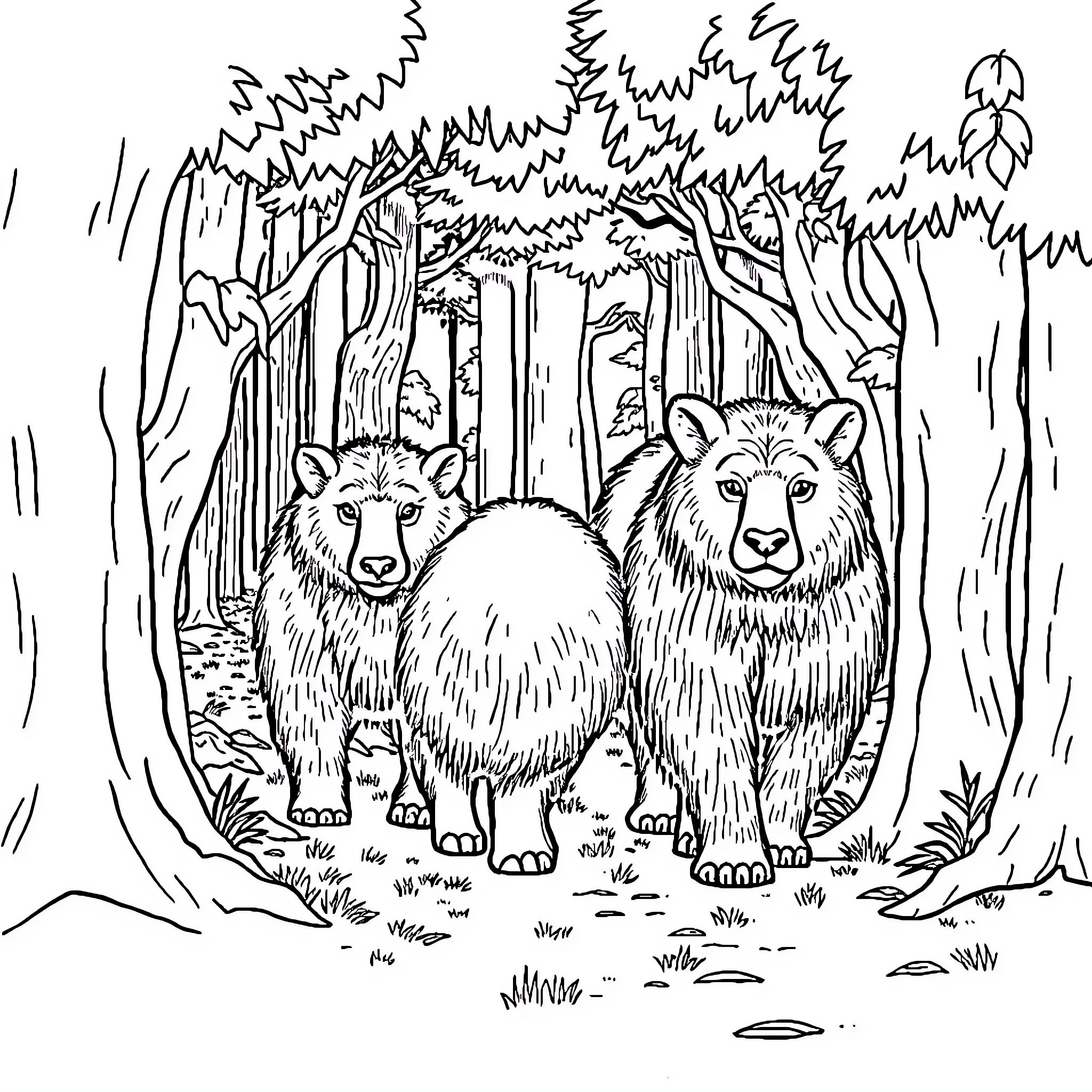 Bears exploring the enchanted forest Coloring Page (free black-and-white line drawing printable PDF for all, from beginners to advanced learners, including children, teens, adults, and seniors)