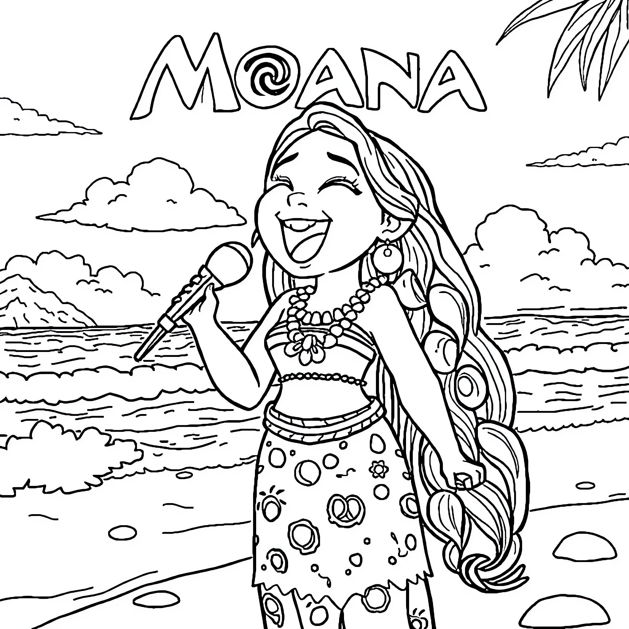 Moana singing joyfully by the ocean Coloring Page (free black-and-white line drawing printable PDF for all, from beginners to advanced learners, including children, teens, adults, and seniors)