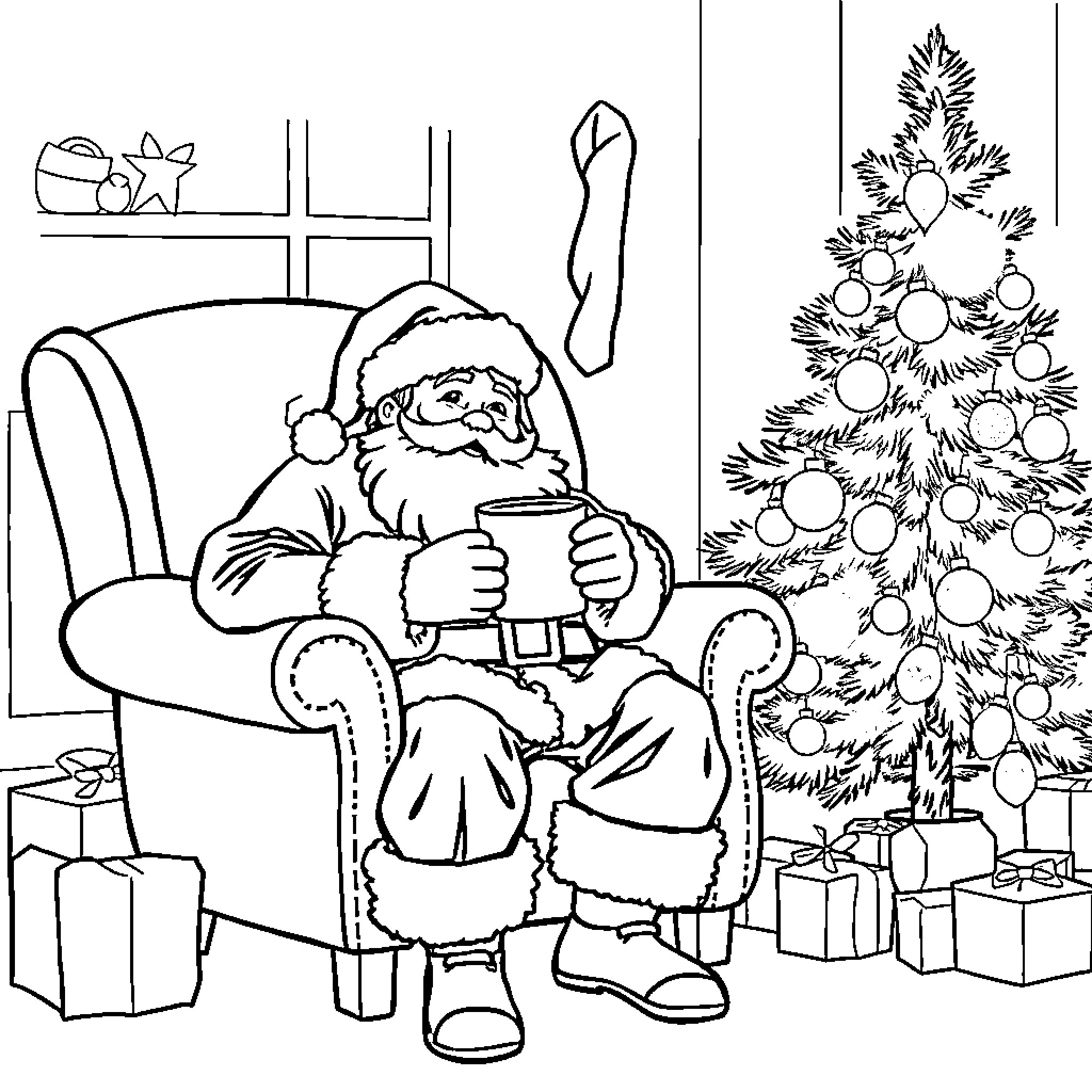 Santa relaxing with a warm drink by the Christmas tree Coloring Page (free black-and-white line drawing printable PDF for all, from beginners to advanced learners, including children, teens, adults, and seniors)