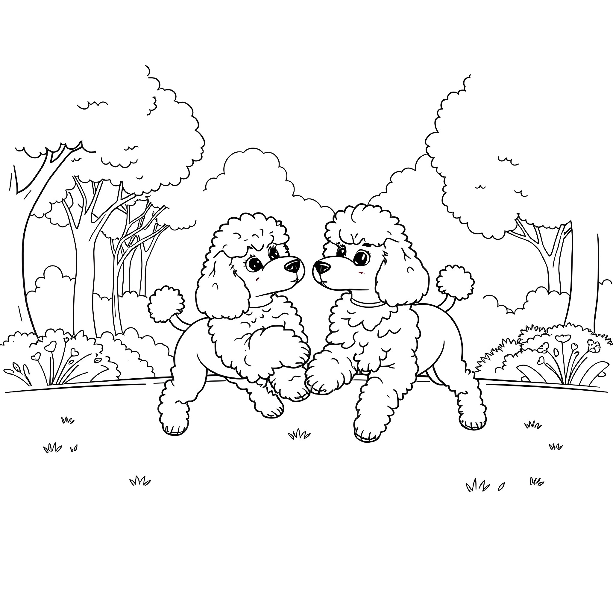 Poodle pals playing in the park Coloring Page (free black-and-white line drawing printable PDF for all, from beginners to advanced learners, including children, teens, adults, and seniors)