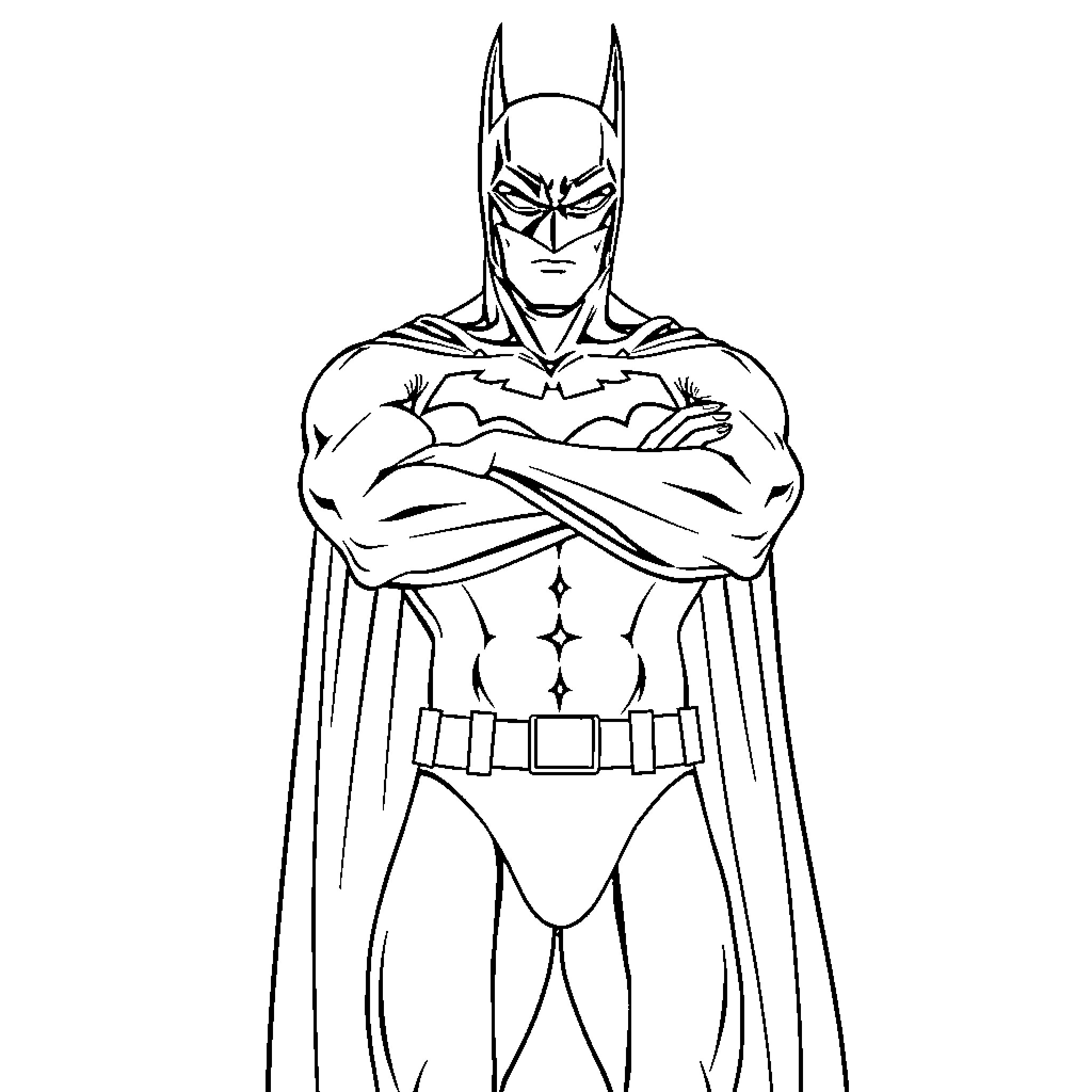 Batman's heroic stance with cape and cowl Coloring Page (free black-and-white line drawing printable PDF for all, from beginners to advanced learners, including children, teens, adults, and seniors)