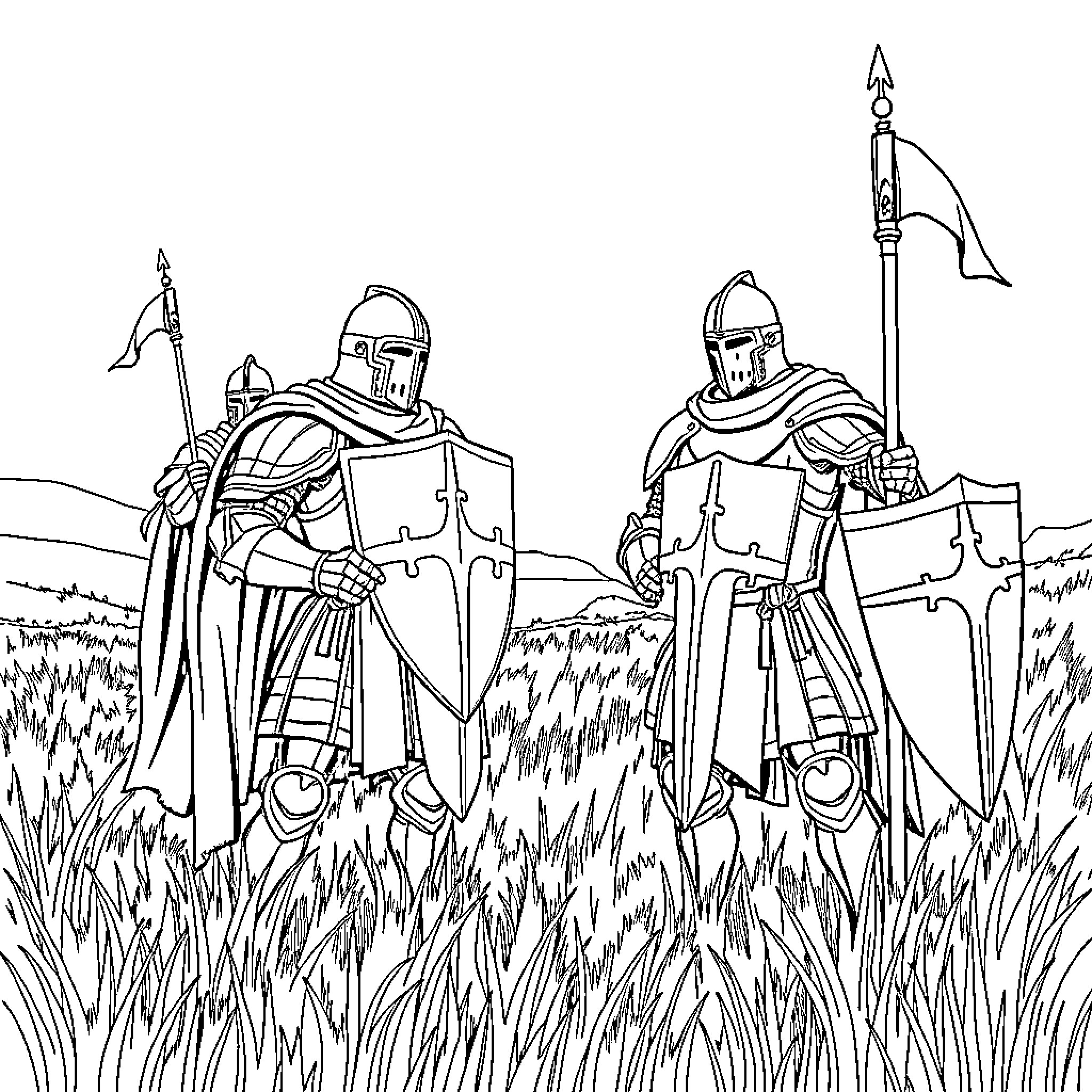 Knights engaged in combat on the battlefield Coloring Page (free black-and-white line drawing printable PDF for all, from beginners to advanced learners, including children, teens, adults, and seniors)