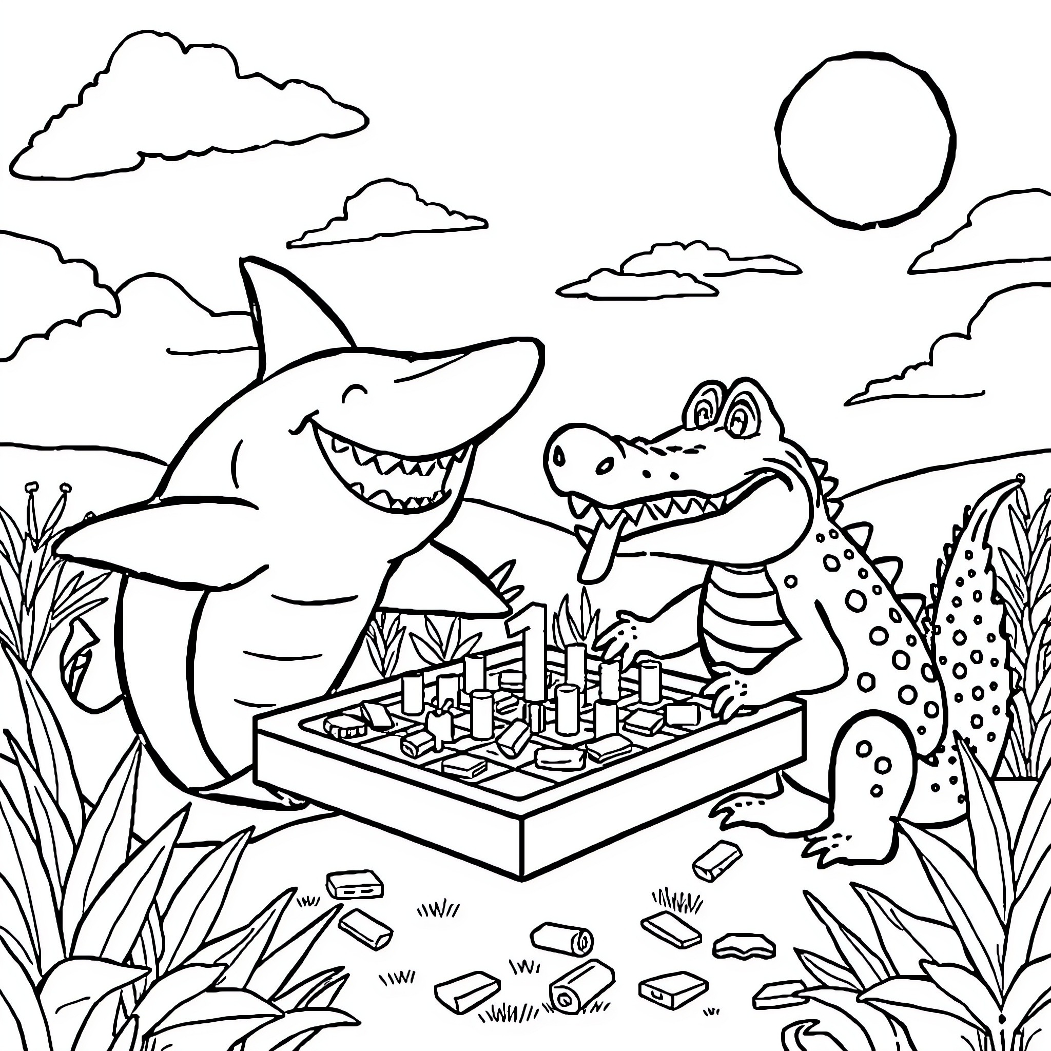 Shark playing chess with dinosaur in nature Coloring Page (free black-and-white line drawing printable PDF for all, from beginners to advanced learners, including children, teens, adults, and seniors)