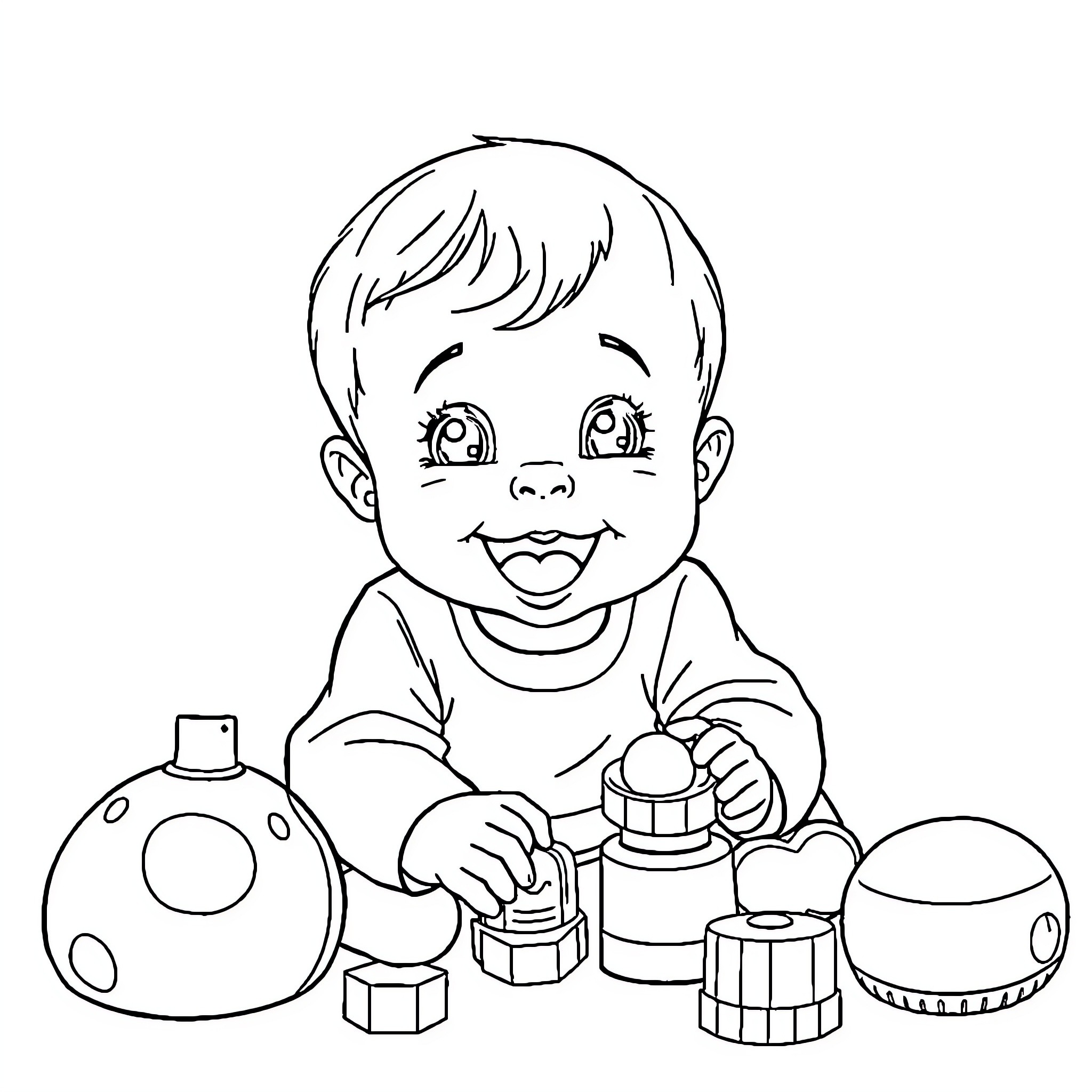 Child playing with toys happily Coloring Page (free black-and-white line drawing printable PDF for all, from beginners to advanced learners, including children, teens, adults, and seniors)