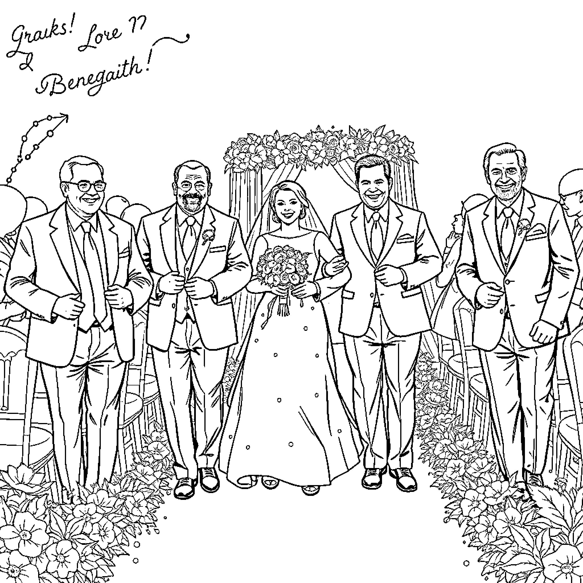 Father and family celebrate wedding ceremony Coloring Page (free black-and-white line drawing printable PDF for all, from beginners to advanced learners, including children, teens, adults, and seniors)
