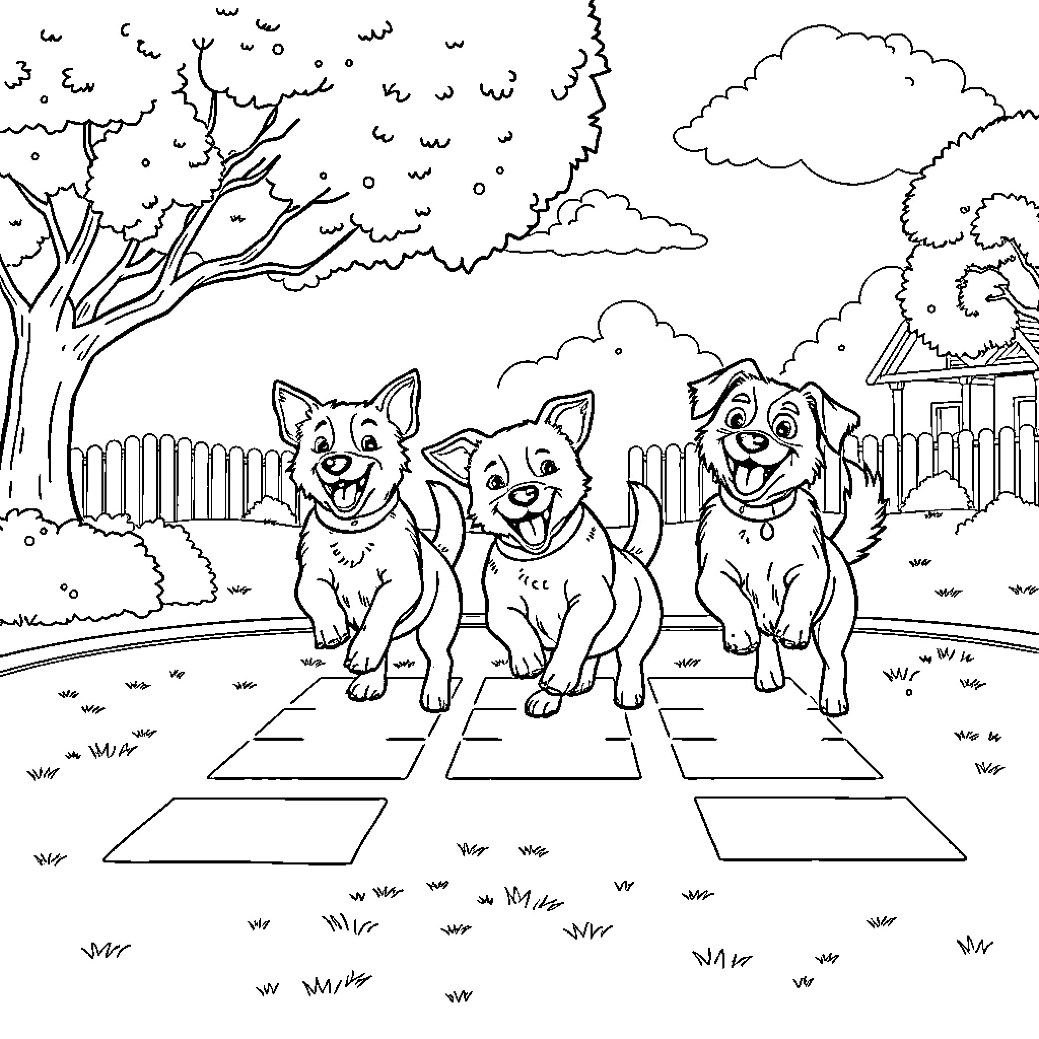 Dog companions enjoying a walk in the park Coloring Page (free black-and-white line drawing printable PDF for all, from beginners to advanced learners, including children, teens, adults, and seniors)