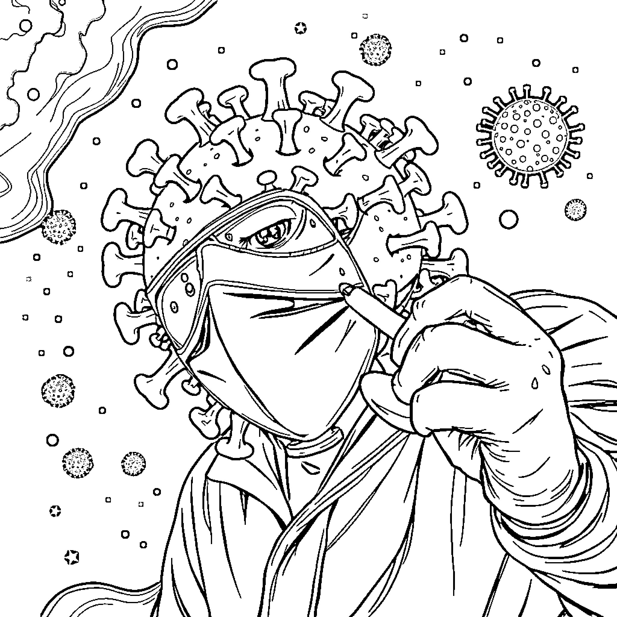 COVID Pandemic Frontline Worker Battling the Virus Coloring Page (free black-and-white line drawing printable PDF for all, from beginners to advanced learners, including children, teens, adults, and seniors)