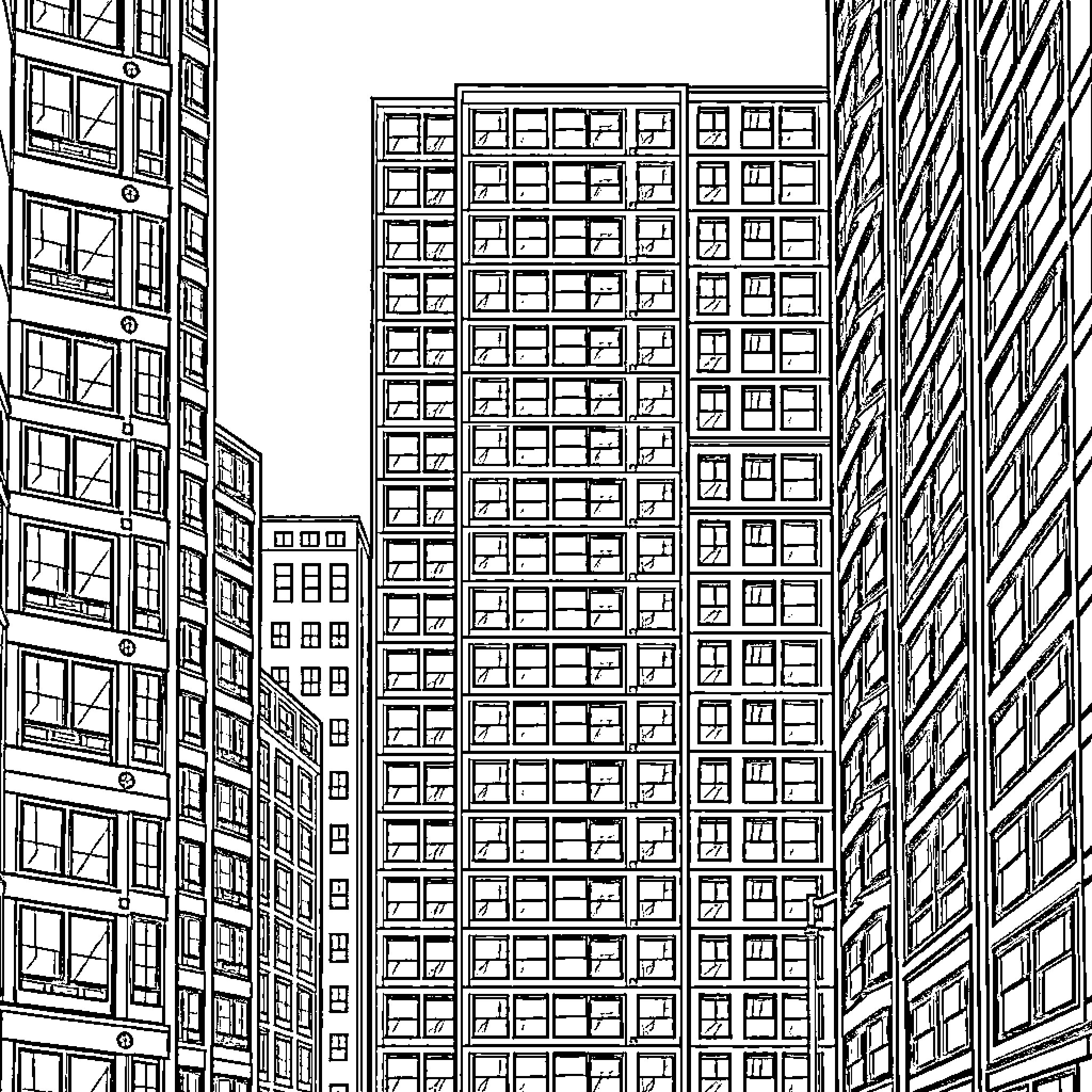 Building Filled with Multistory Architectural Structures Coloring Page (free black-and-white line drawing printable PDF for all, from beginners to advanced learners, including children, teens, adults, and seniors)
