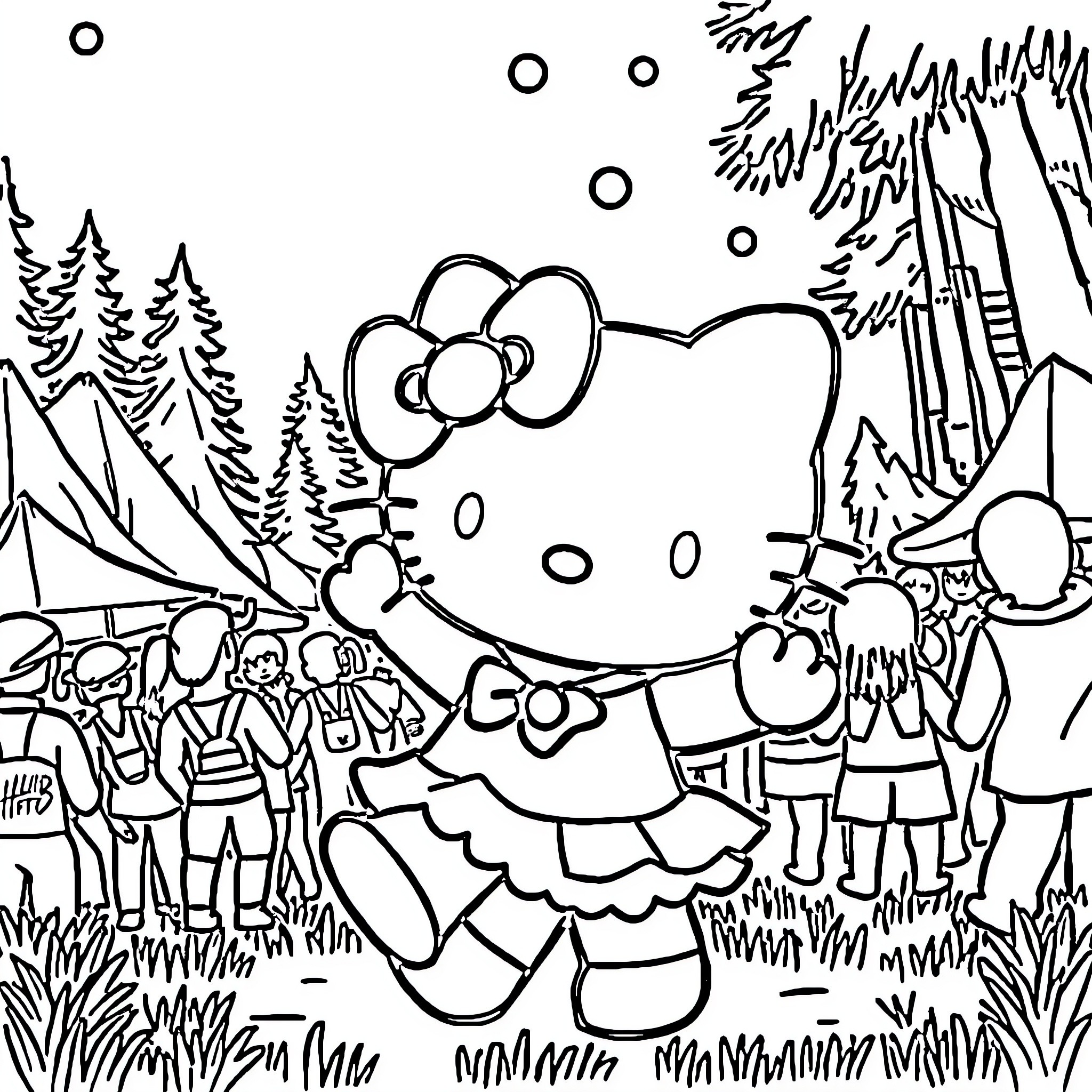 Hello Kitty enjoying an outdoor adventure Coloring Page (free black-and-white line drawing printable PDF for all, from beginners to advanced learners, including children, teens, adults, and seniors)