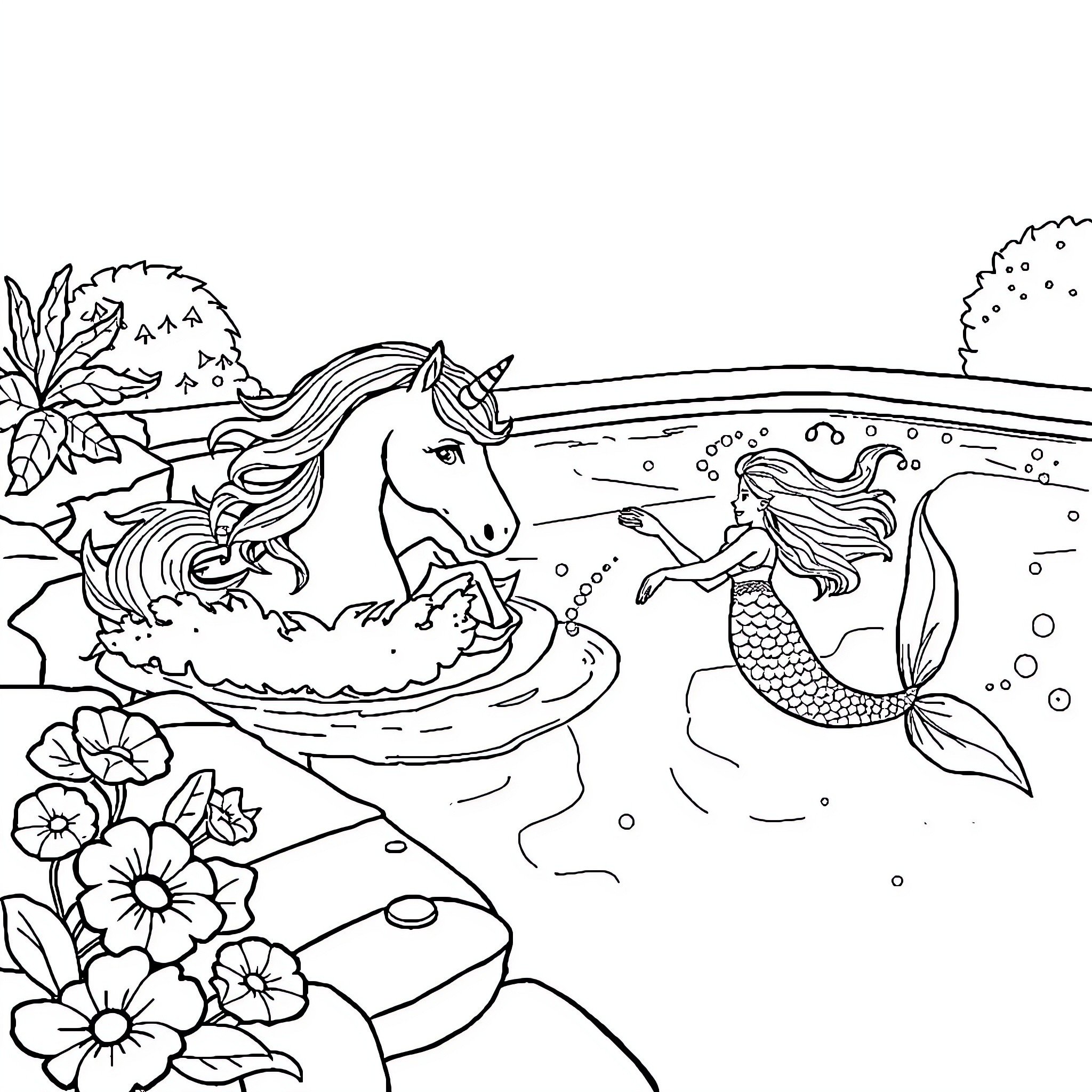 Unicorn swimming with mermaid in magical underwater scene Coloring Page (free black-and-white line drawing printable PDF for all, from beginners to advanced learners, including children, teens, adults, and seniors)