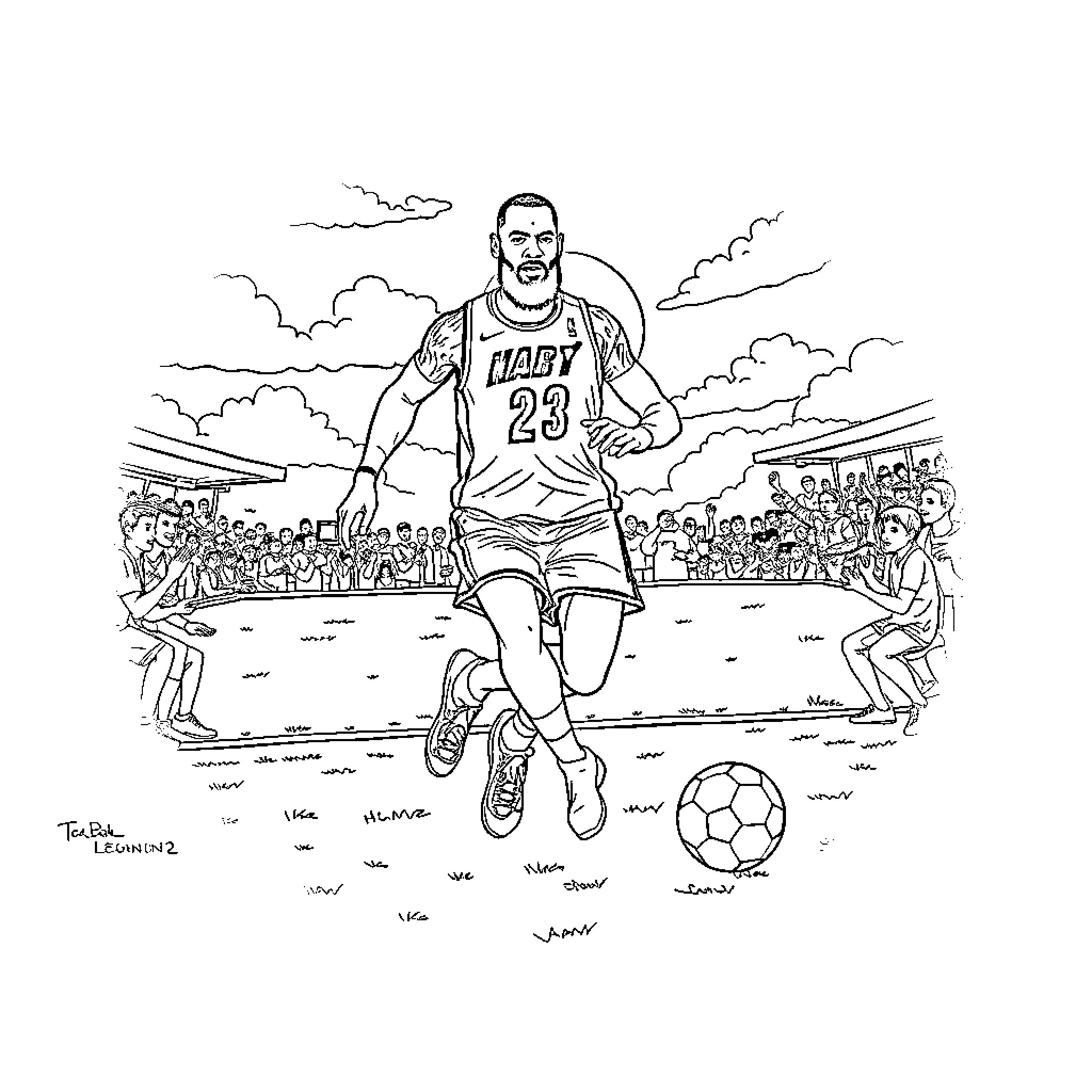 LeBron James Playing Soccer in Stadium Coloring Page (free black-and-white line drawing printable PDF for all, from beginners to advanced learners, including children, teens, adults, and seniors)