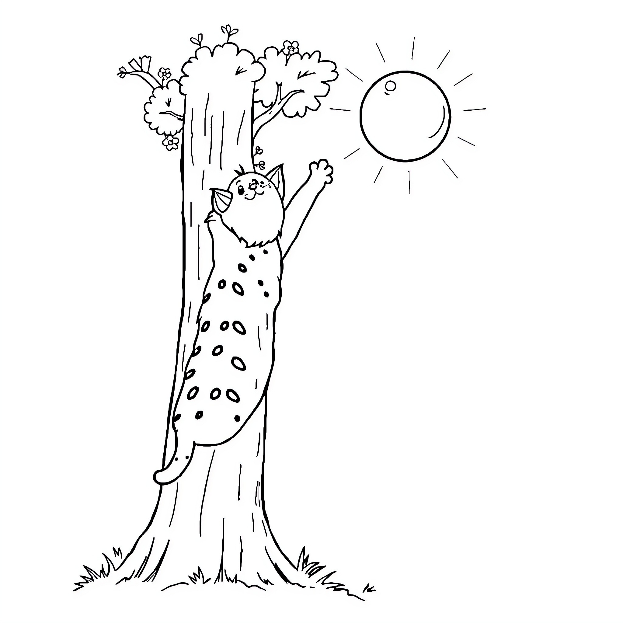 Cat climbing playfully on a tree in nature Coloring Page (free black-and-white line drawing printable PDF for all, from beginners to advanced learners, including children, teens, adults, and seniors)