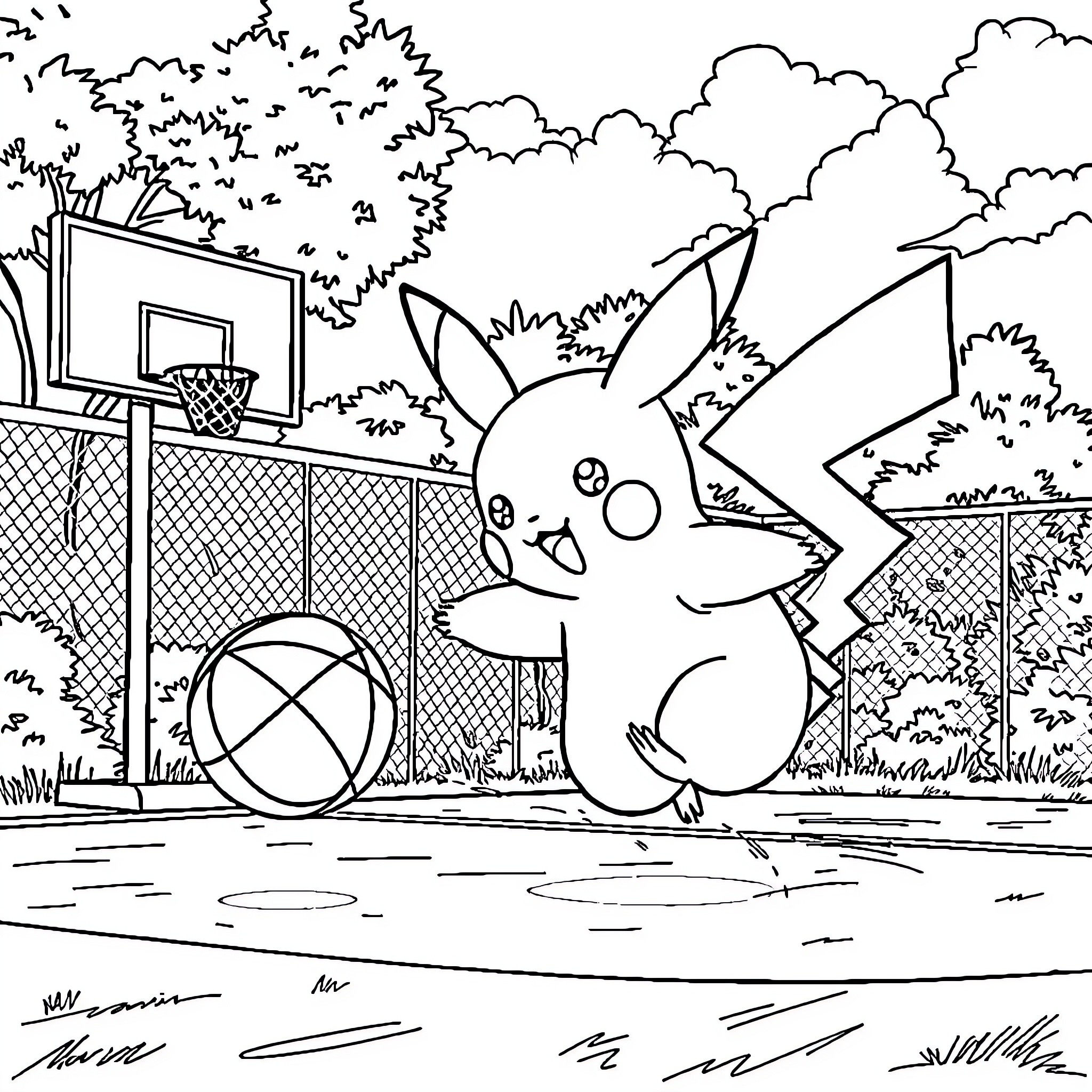 Pikachu enjoying a basketball game in the park Coloring Page (free black-and-white line drawing printable PDF for all, from beginners to advanced learners, including children, teens, adults, and seniors)