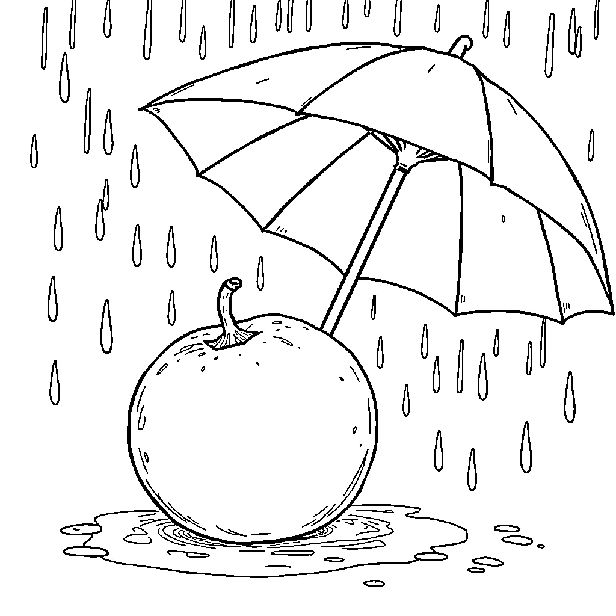 Orange umbrella shielding a rainy fruit Coloring Page (free black-and-white line drawing printable PDF for all, from beginners to advanced learners, including children, teens, adults, and seniors)