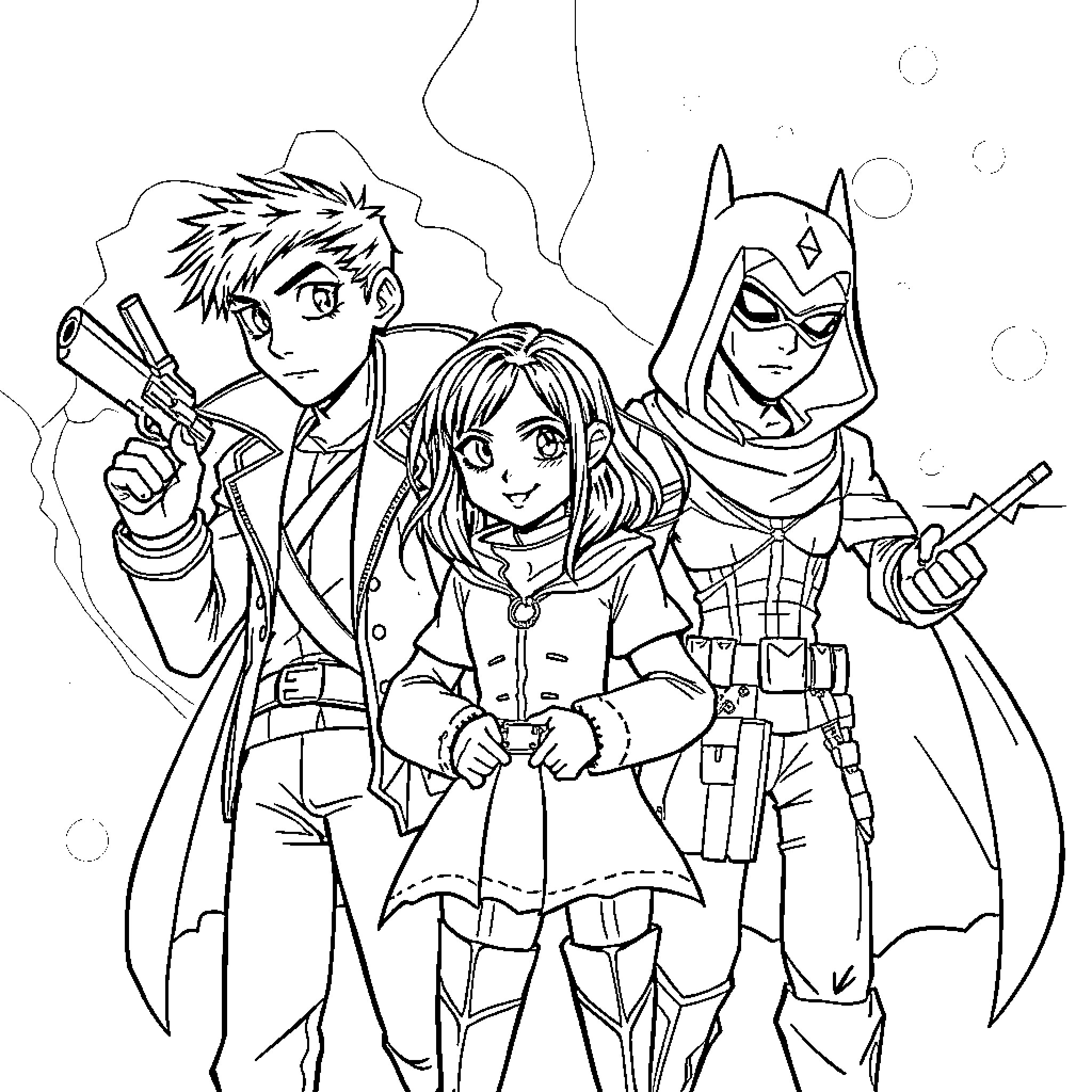 Spy X Family: Heroic Trio on a Mission Coloring Page (free black-and-white line drawing printable PDF for all, from beginners to advanced learners, including children, teens, adults, and seniors)