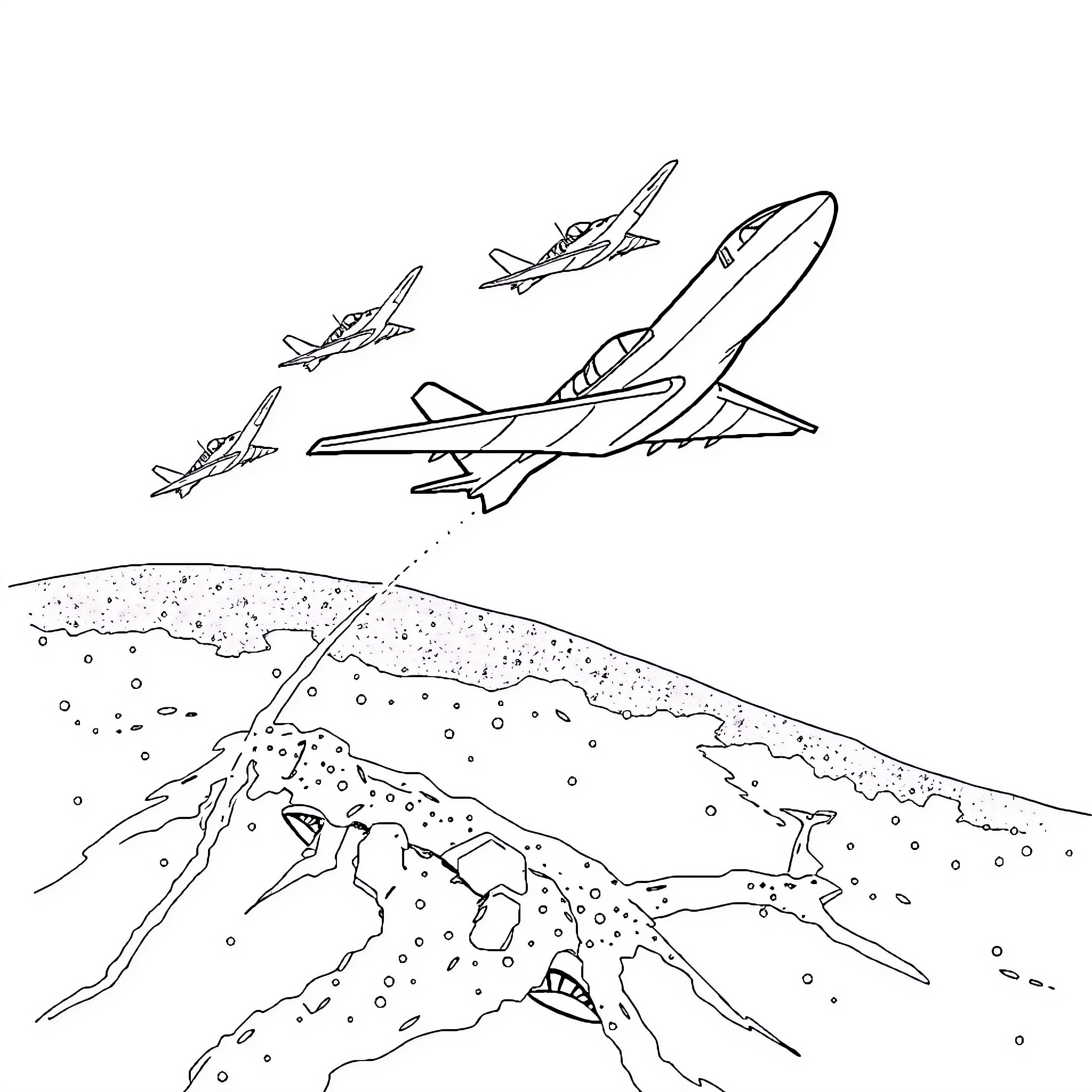 Airplane squadron in flight over mountainous terrain Coloring Page (free black-and-white line drawing printable PDF for all, from beginners to advanced learners, including children, teens, adults, and seniors)