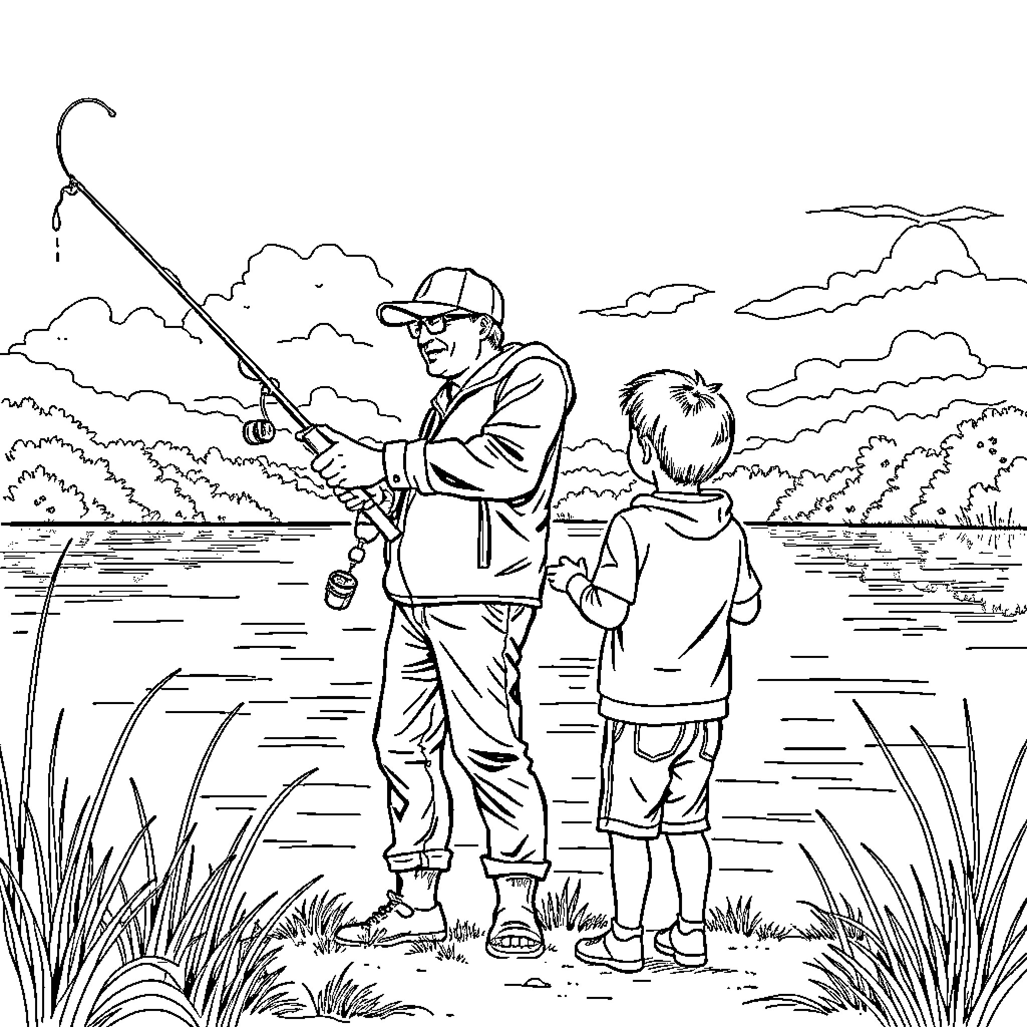 Dad and son fishing in the countryside Coloring Page (free black-and-white line drawing printable PDF for all, from beginners to advanced learners, including children, teens, adults, and seniors)