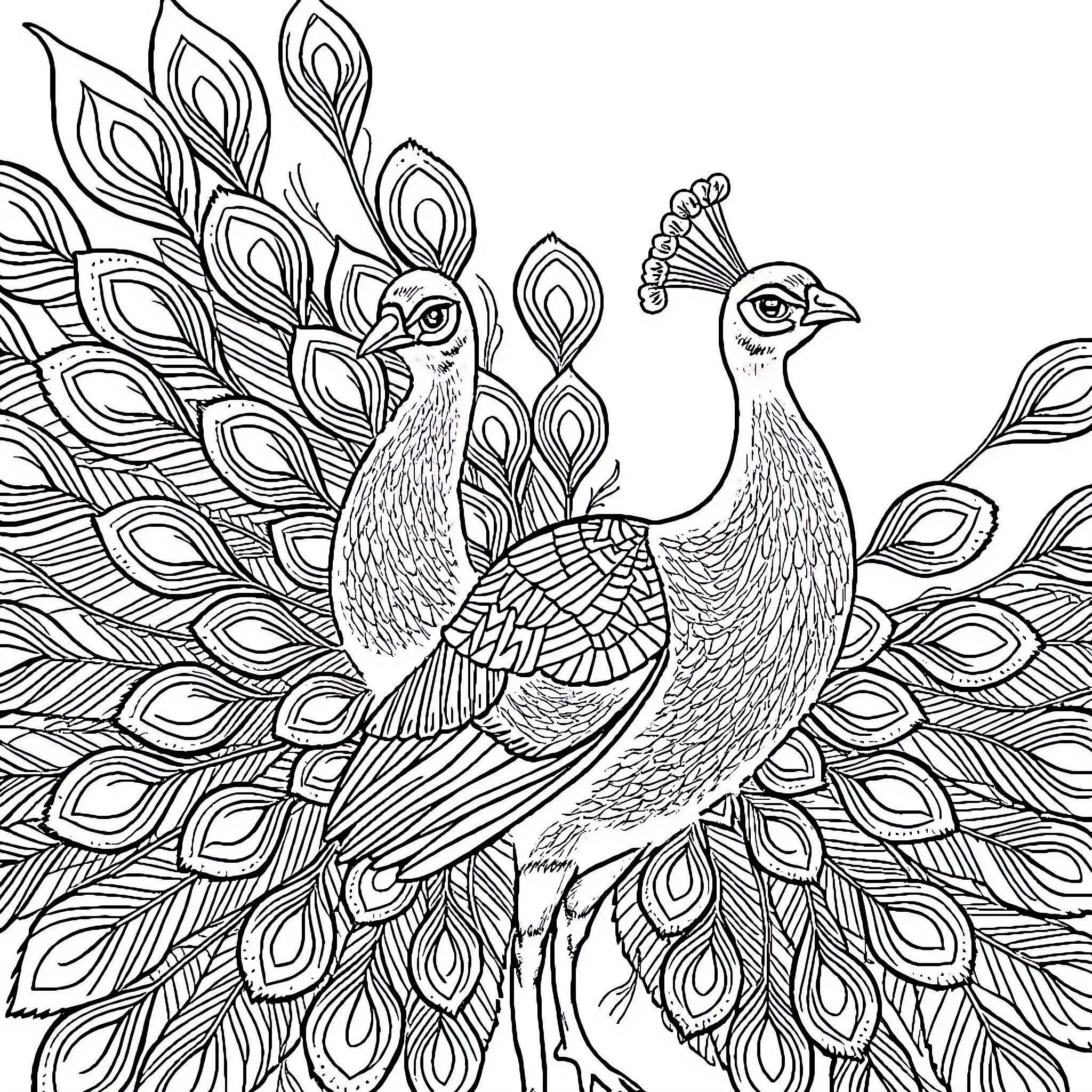 Peacocks displaying their ornate feathers Coloring Page (free black-and-white line drawing printable PDF for all, from beginners to advanced learners, including children, teens, adults, and seniors)
