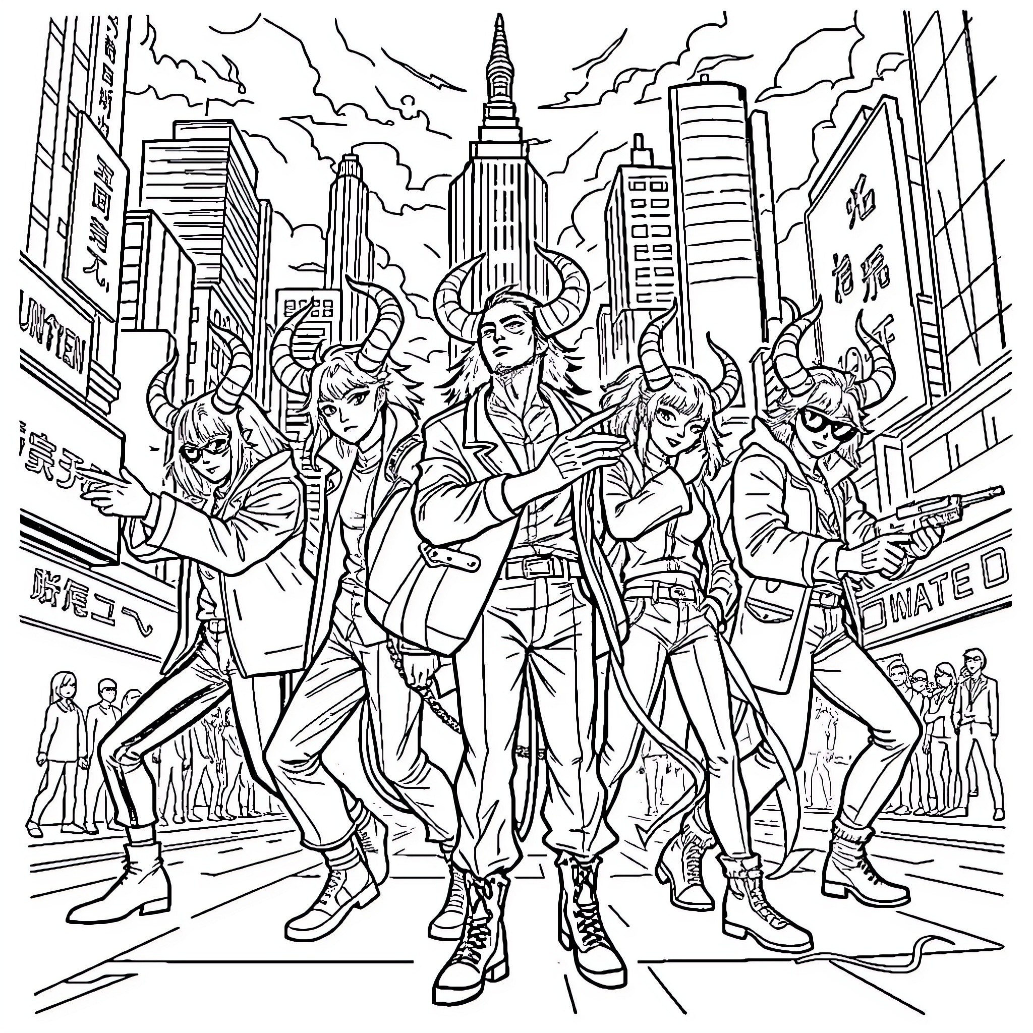 Demon Hunter heroes in action-packed urban scene Coloring Page (free black-and-white line drawing printable PDF for all, from beginners to advanced learners, including children, teens, adults, and seniors)