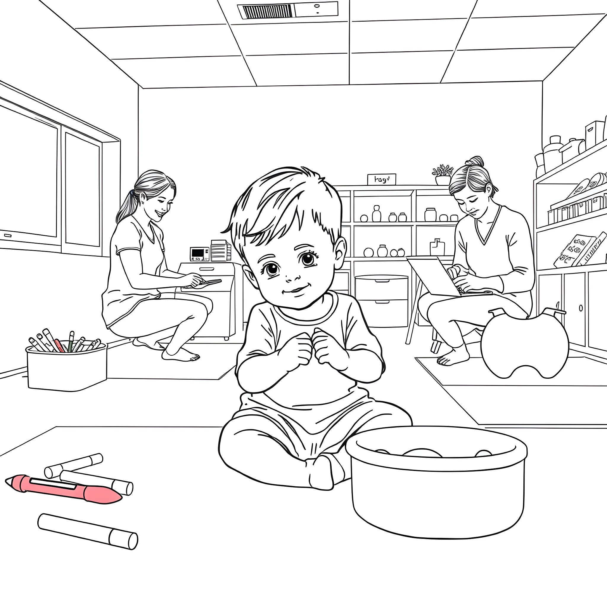 Kid playing peacefully in classroom with teachers Coloring Page (free black-and-white line drawing printable PDF for all, from beginners to advanced learners, including children, teens, adults, and seniors)