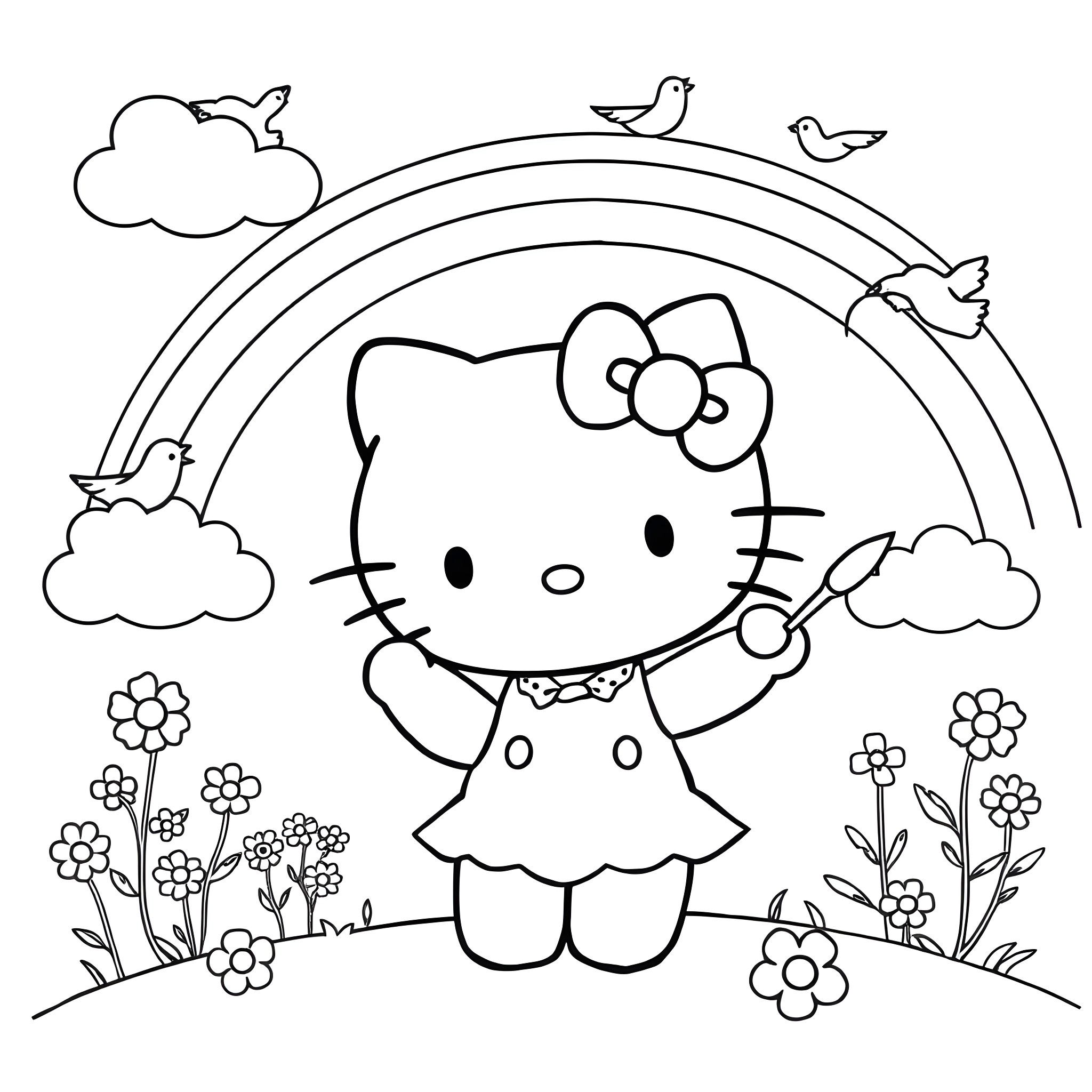 Hello Kitty enjoying nature's beauty Coloring Page (free black-and-white line drawing printable PDF for all, from beginners to advanced learners, including children, teens, adults, and seniors)