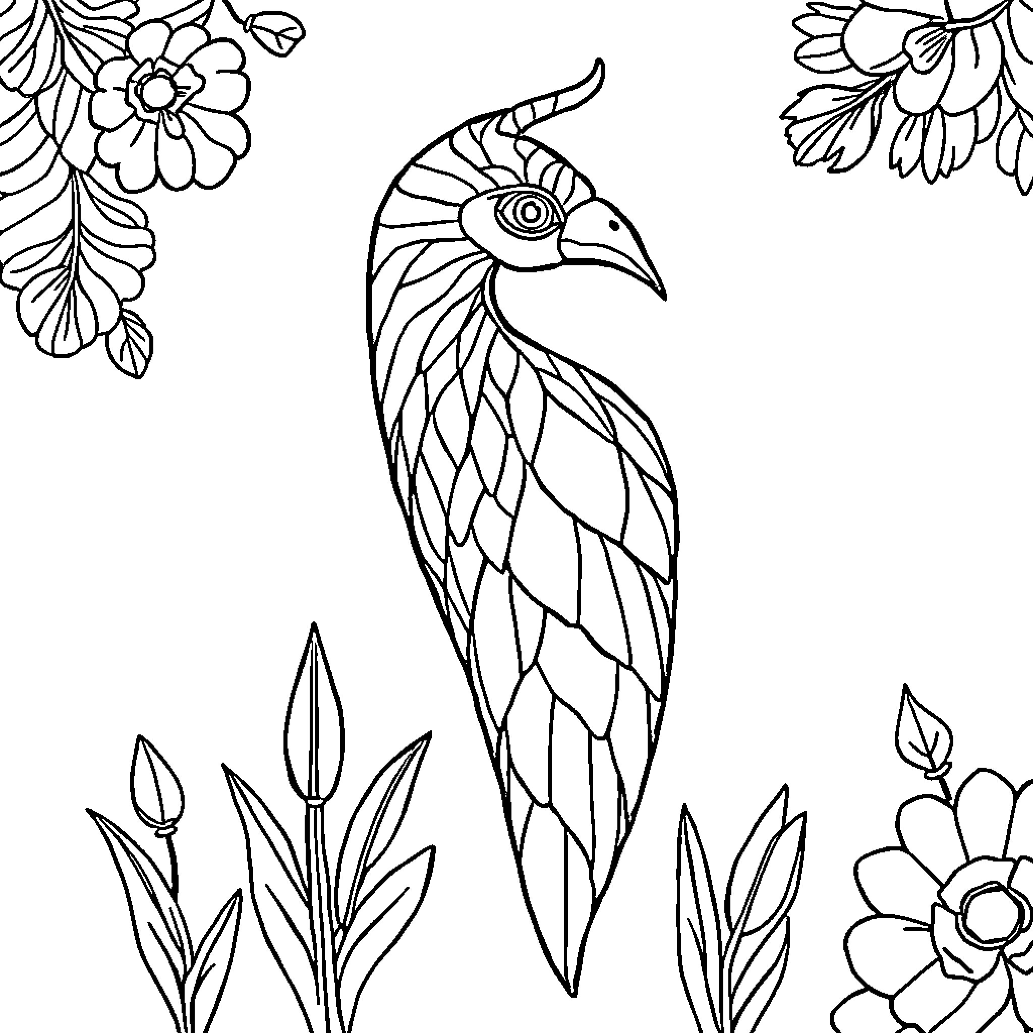Lla Ornamental Bird Amid Floral Patterns Coloring Page (free black-and-white line drawing printable PDF for all, from beginners to advanced learners, including children, teens, adults, and seniors)