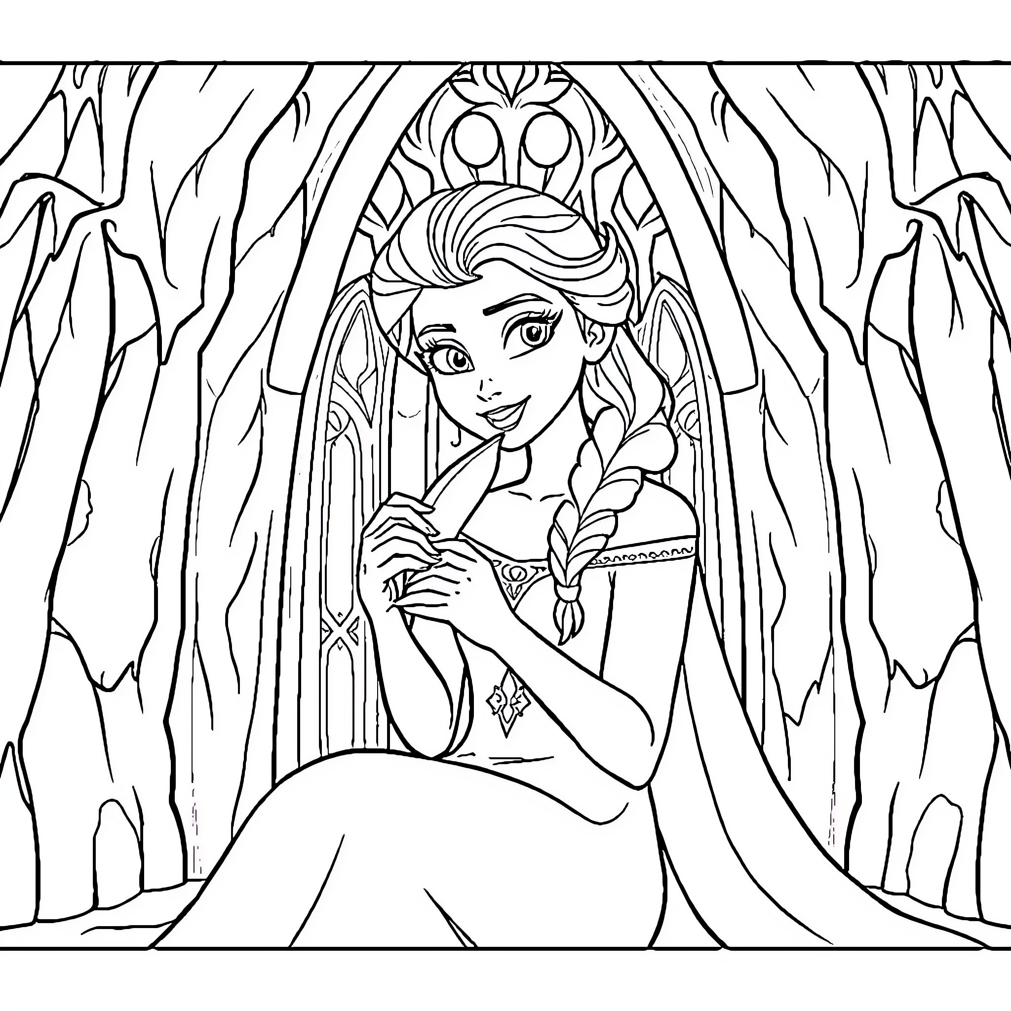 Princess in a magical forest scene Coloring Page (free black-and-white line drawing printable PDF for all, from beginners to advanced learners, including children, teens, adults, and seniors)