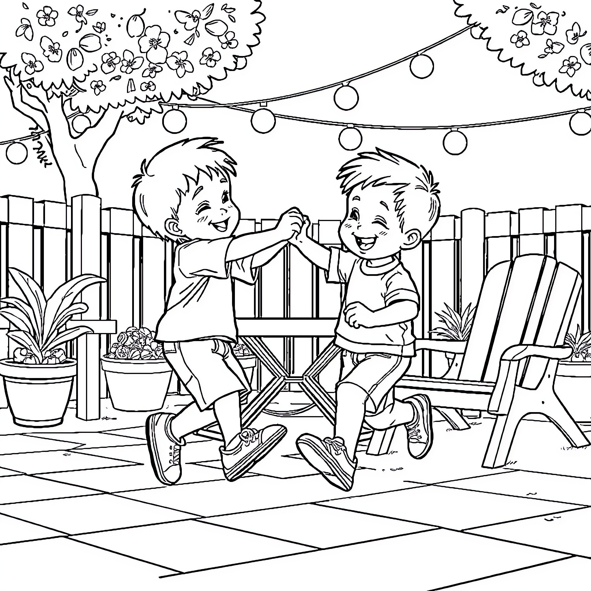 Niño playing happily with friend in the garden Coloring Page (free black-and-white line drawing printable PDF for all, from beginners to advanced learners, including children, teens, adults, and seniors)