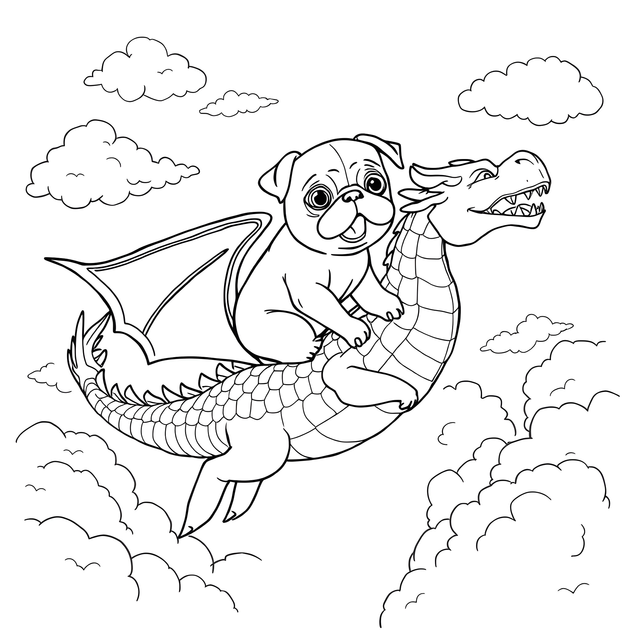 Pug riding a dragon through the clouds Coloring Page (free black-and-white line drawing printable PDF for all, from beginners to advanced learners, including children, teens, adults, and seniors)