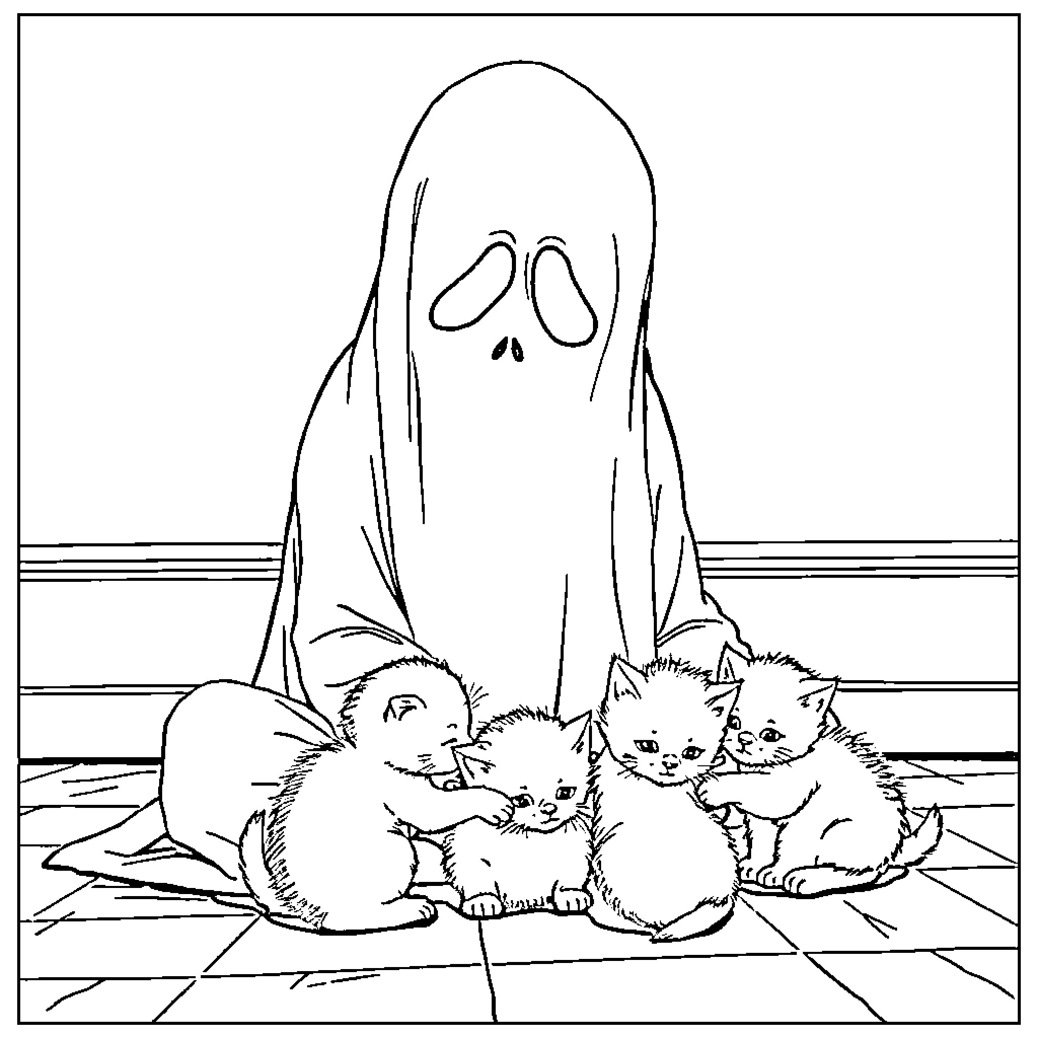 Ghostface looming over frightened kittens Coloring Page (free black-and-white line drawing printable PDF for all, from beginners to advanced learners, including children, teens, adults, and seniors)