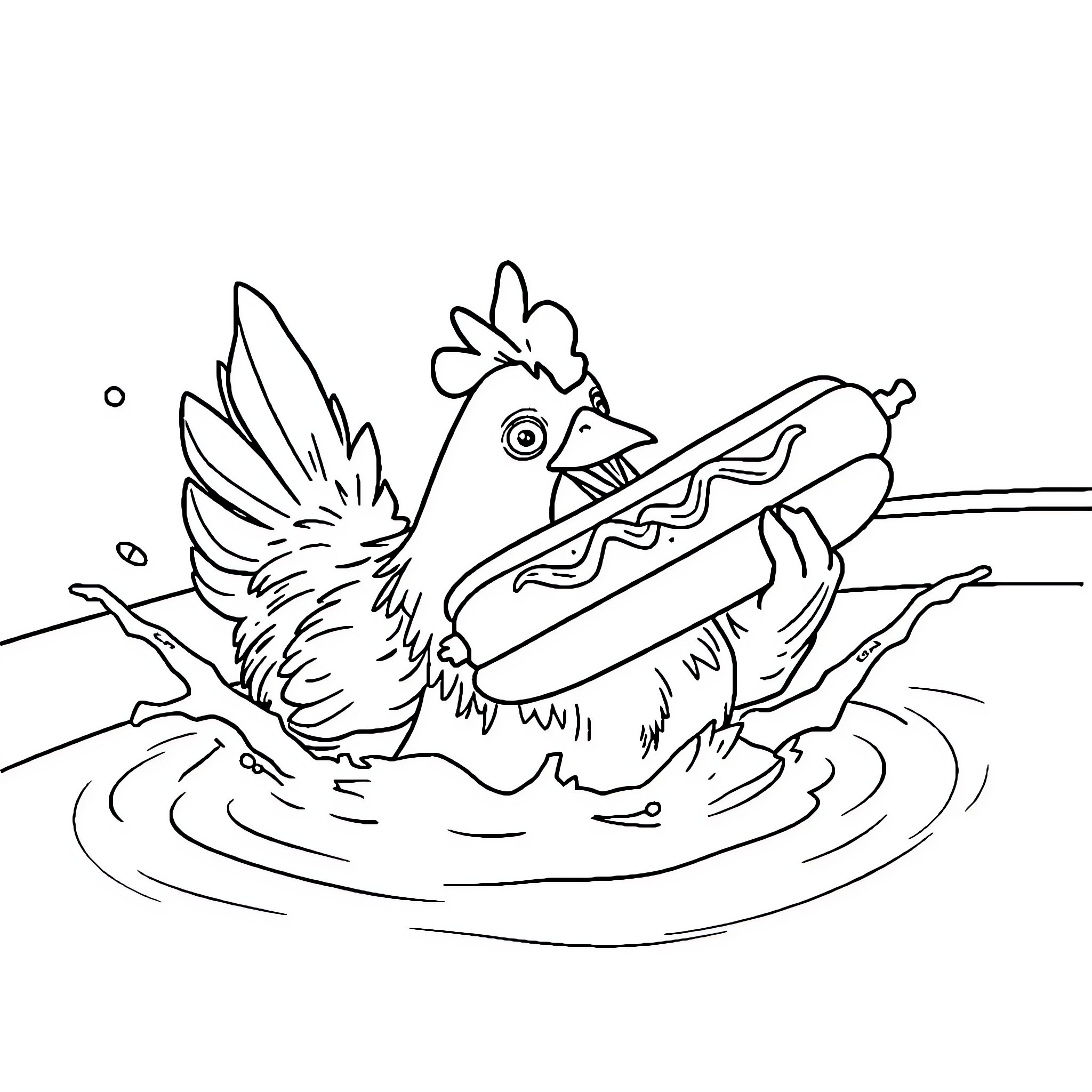 Chicken swimming with a hot dog Coloring Page (free black-and-white line drawing printable PDF for all, from beginners to advanced learners, including children, teens, adults, and seniors)