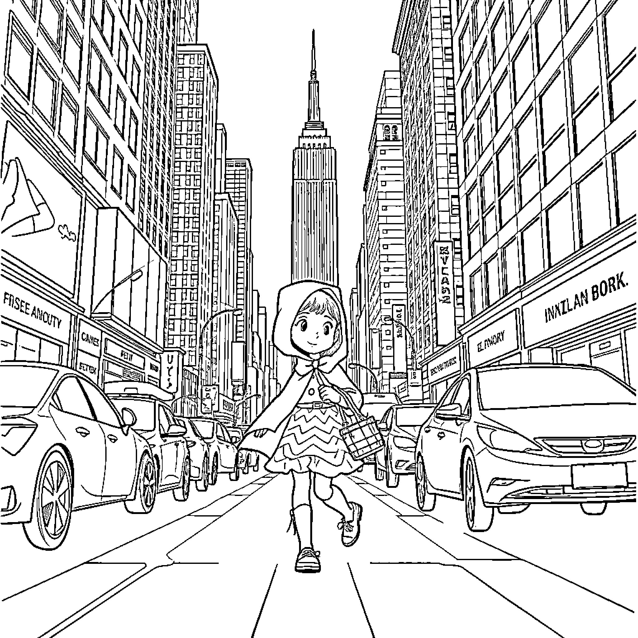 Little Red Riding Hood exploring the busy city streets Coloring Page (free black-and-white line drawing printable PDF for all, from beginners to advanced learners, including children, teens, adults, and seniors)