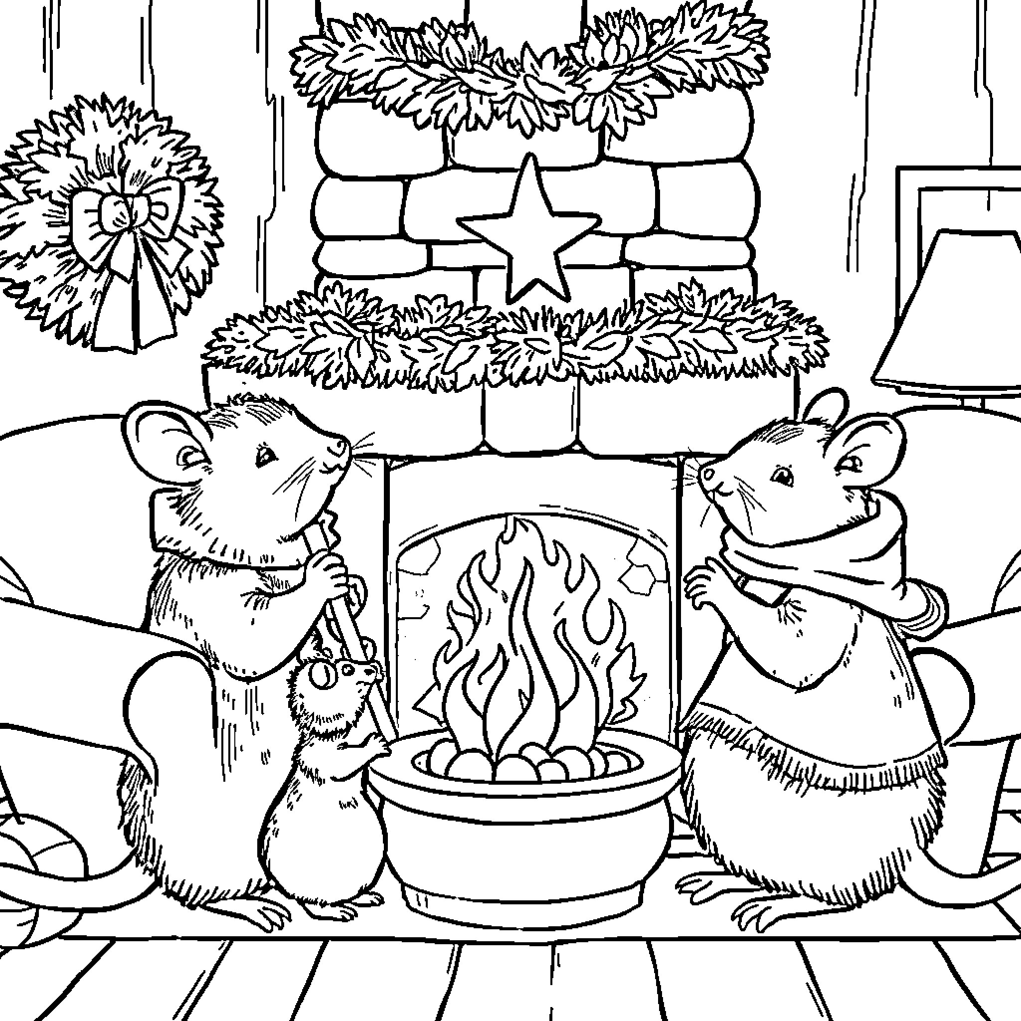 Raccoon friends enjoying a cozy fireplace Coloring Page (free black-and-white line drawing printable PDF for all, from beginners to advanced learners, including children, teens, adults, and seniors)