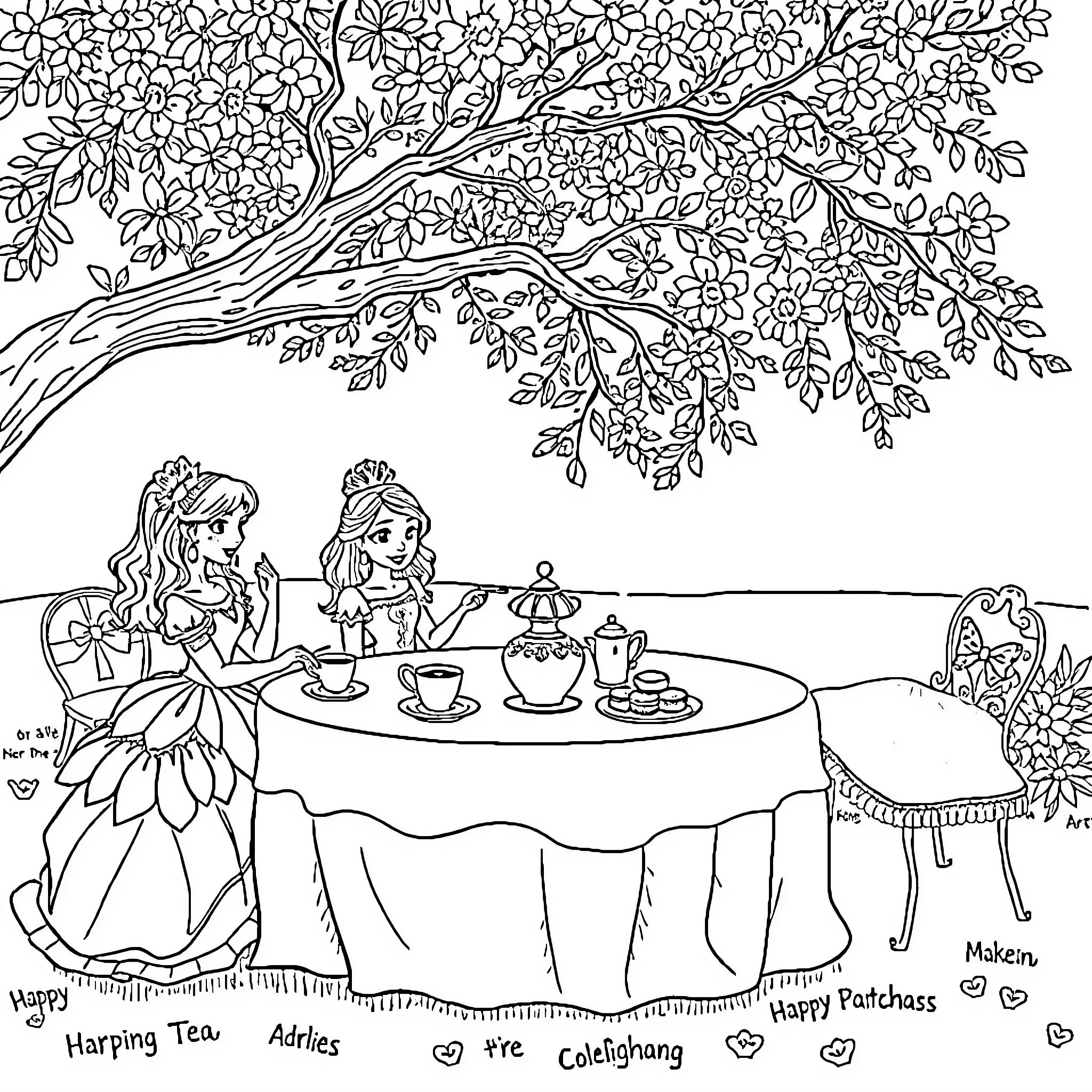 Princess Tea Party under a Blooming Tree Coloring Page (free black-and-white line drawing printable PDF for all, from beginners to advanced learners, including children, teens, adults, and seniors)