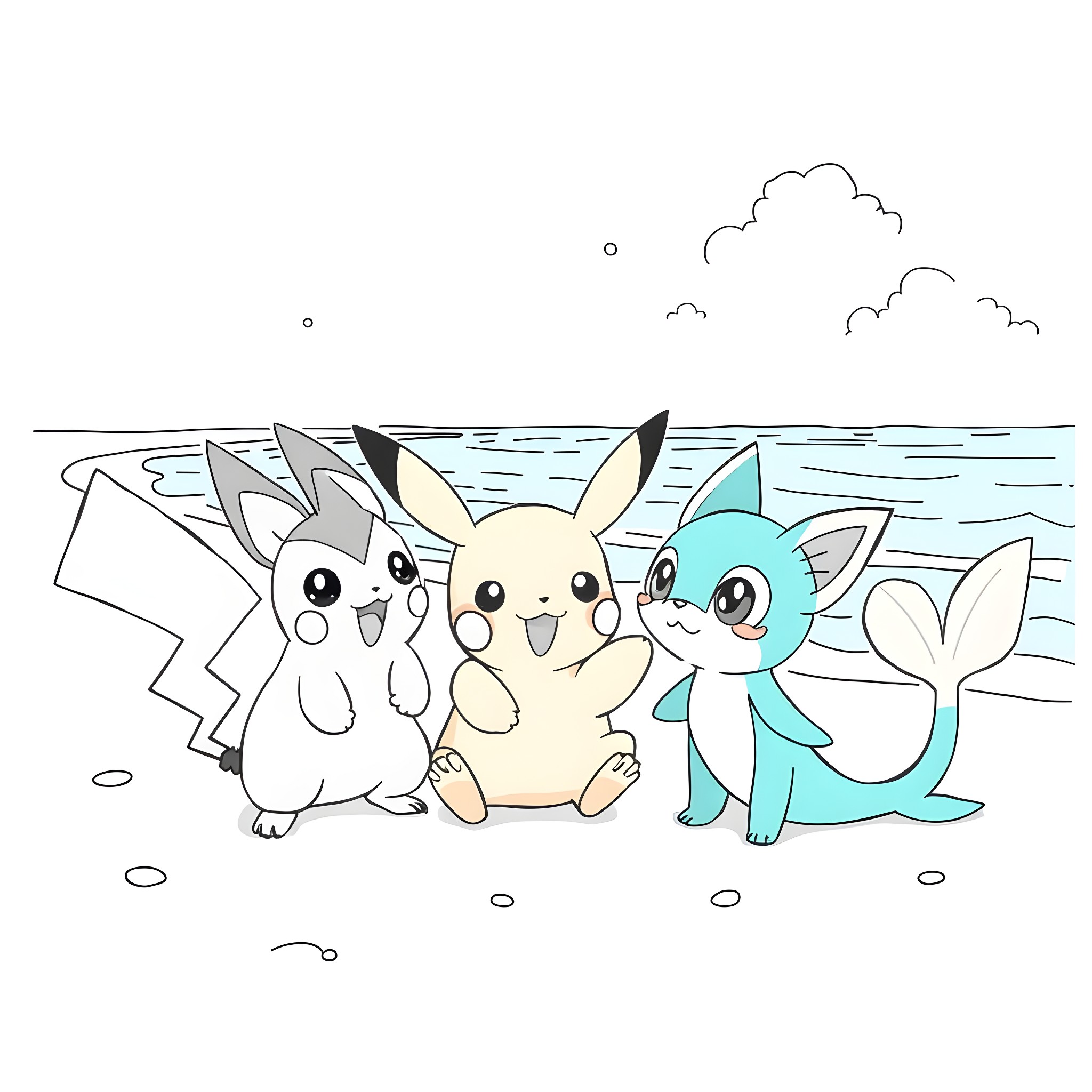 Pikachu and Friends Enjoying the Beach Coloring Page (free black-and-white line drawing printable PDF for all, from beginners to advanced learners, including children, teens, adults, and seniors)
