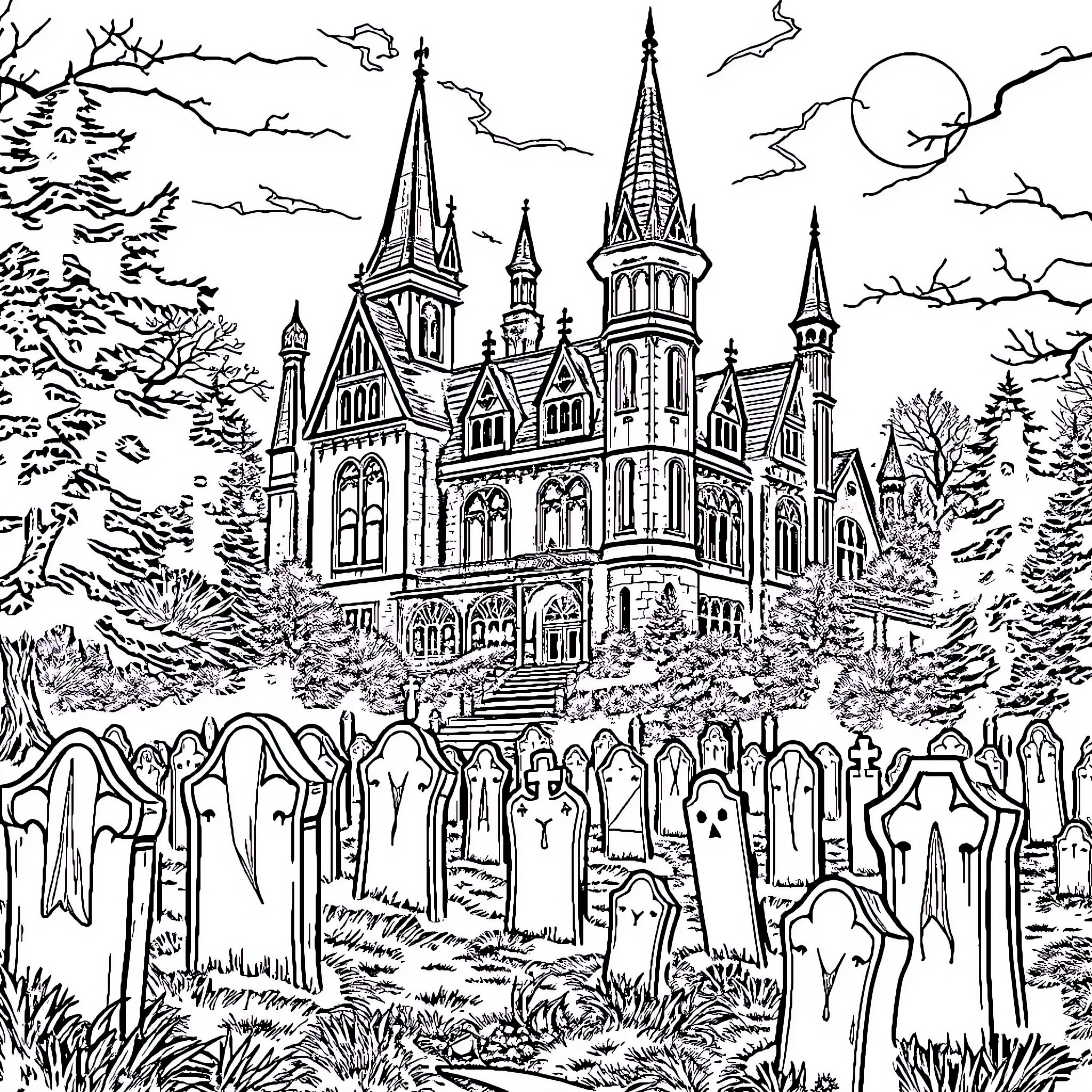 Manor of Mysterious Structures and Spooky Atmosphere Coloring Page (free black-and-white line drawing printable PDF for all, from beginners to advanced learners, including children, teens, adults, and seniors)