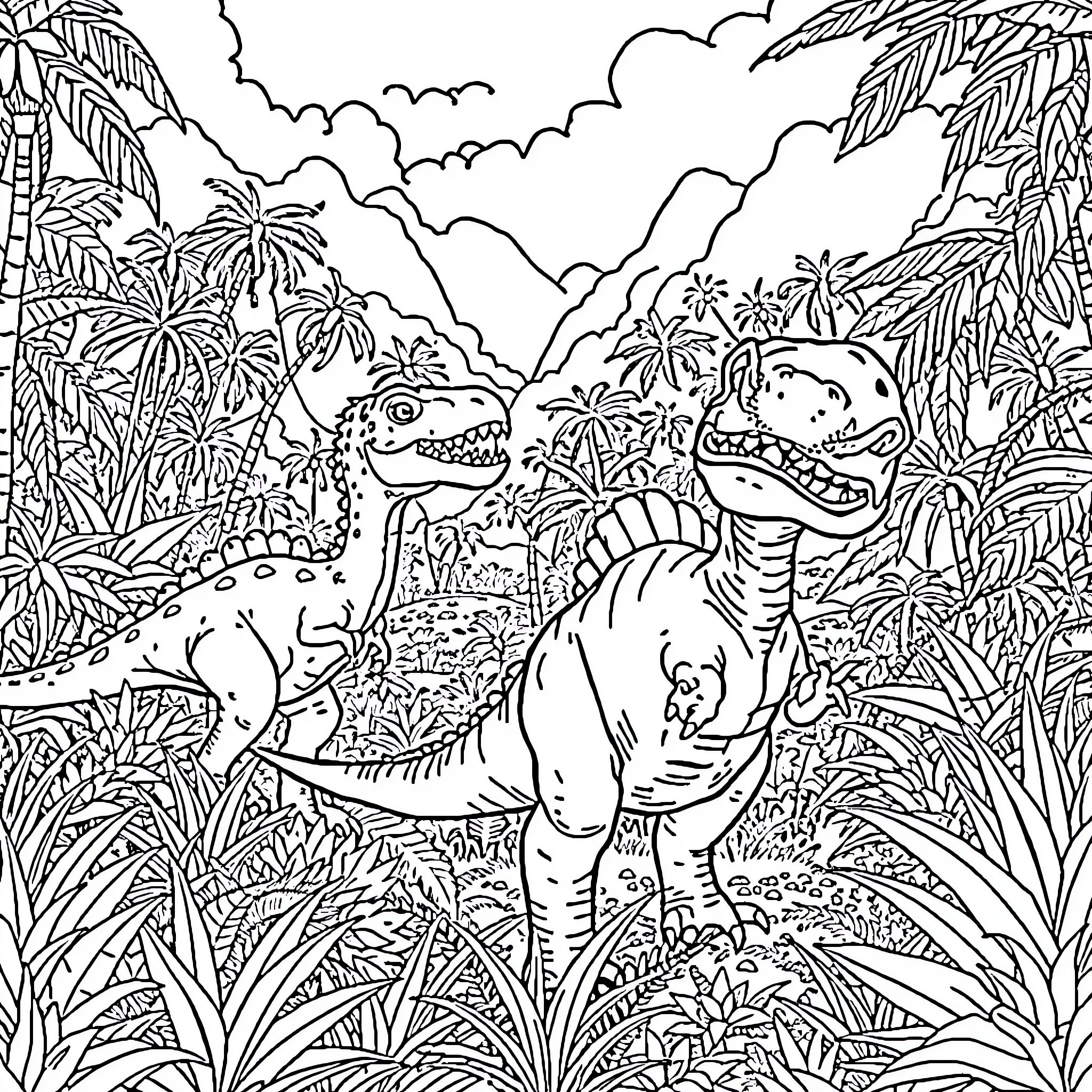 Dinosaurs exploring lush tropical landscape Coloring Page (free black-and-white line drawing printable PDF for all, from beginners to advanced learners, including children, teens, adults, and seniors)