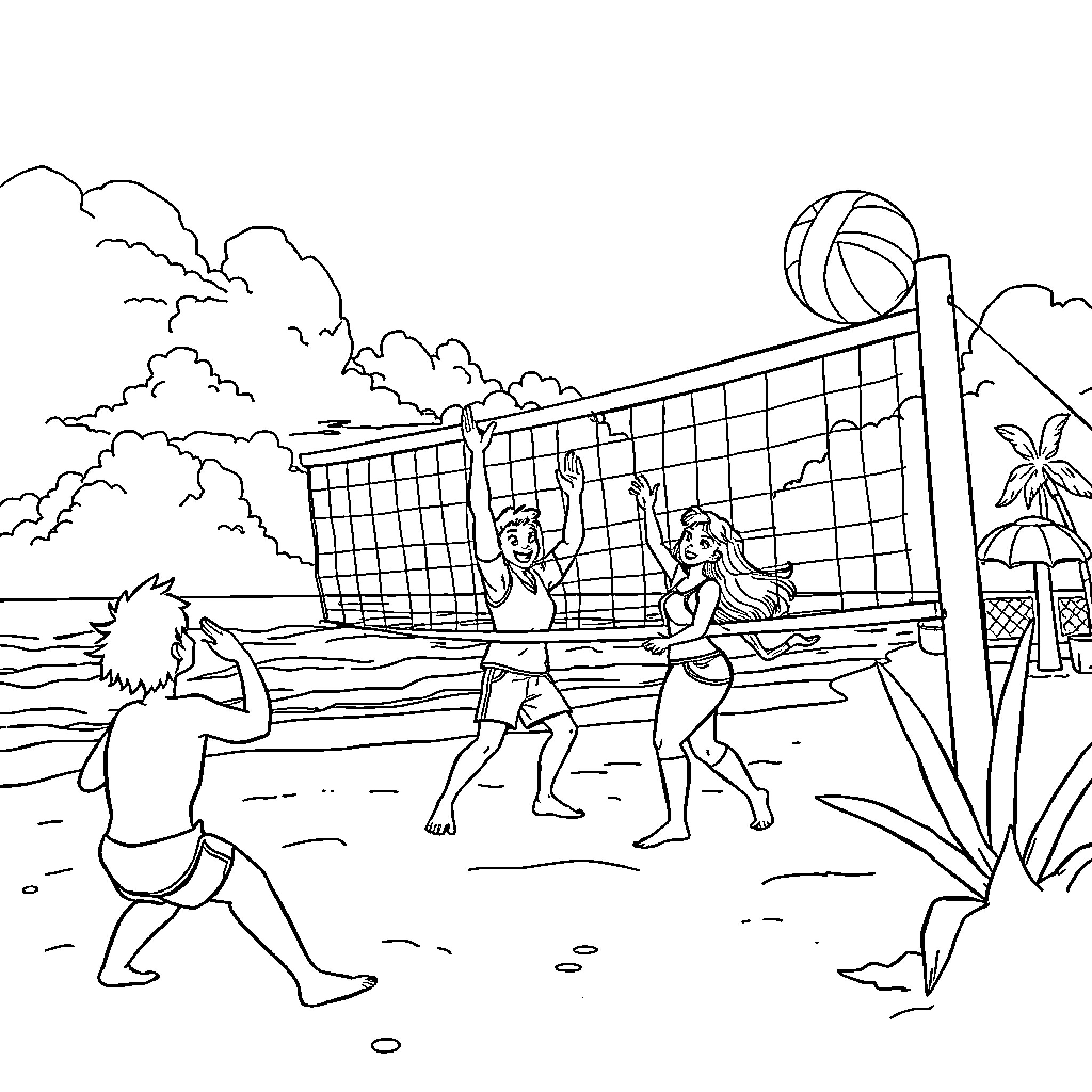BT21 Characters Playing Beach Volleyball Coloring Page (free black-and-white line drawing printable PDF for all, from beginners to advanced learners, including children, teens, adults, and seniors)