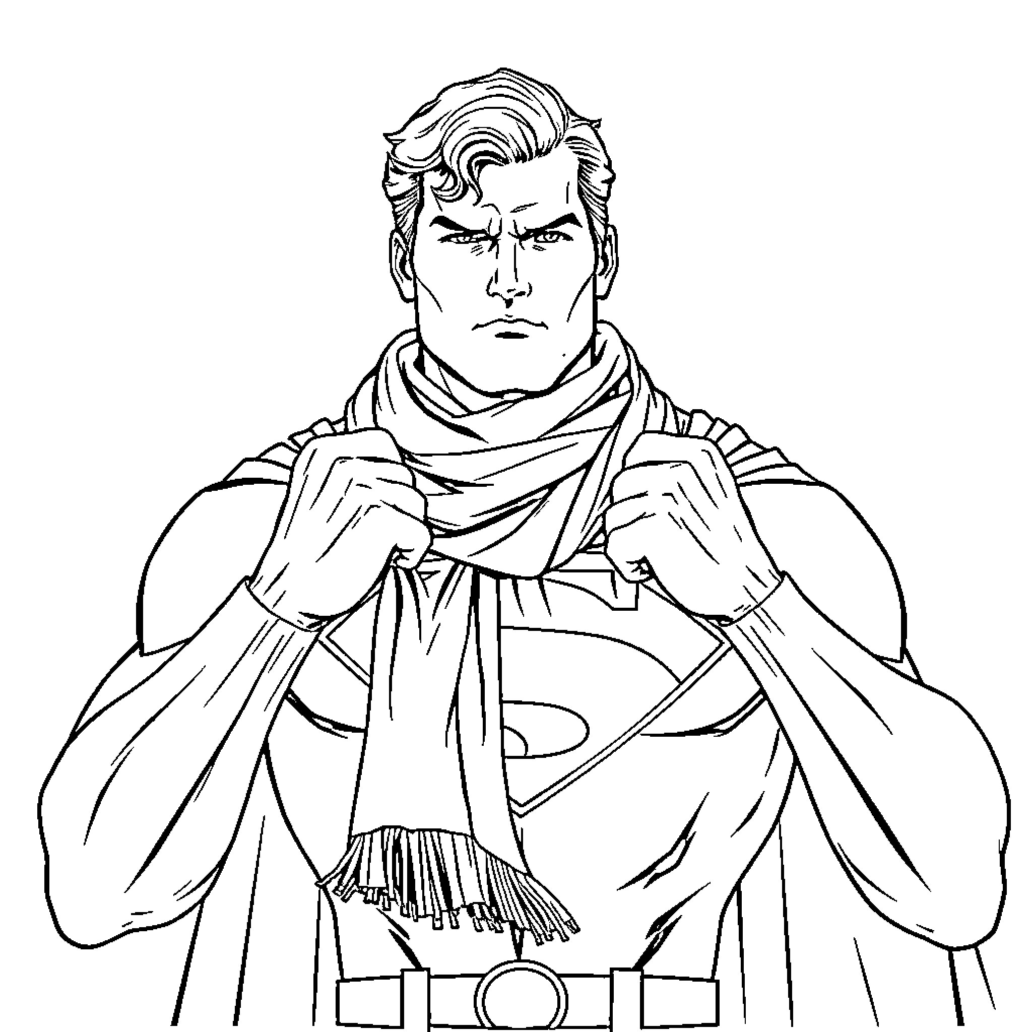 Superman in pensive pose with flowing scarf Coloring Page (free black-and-white line drawing printable PDF for all, from beginners to advanced learners, including children, teens, adults, and seniors)