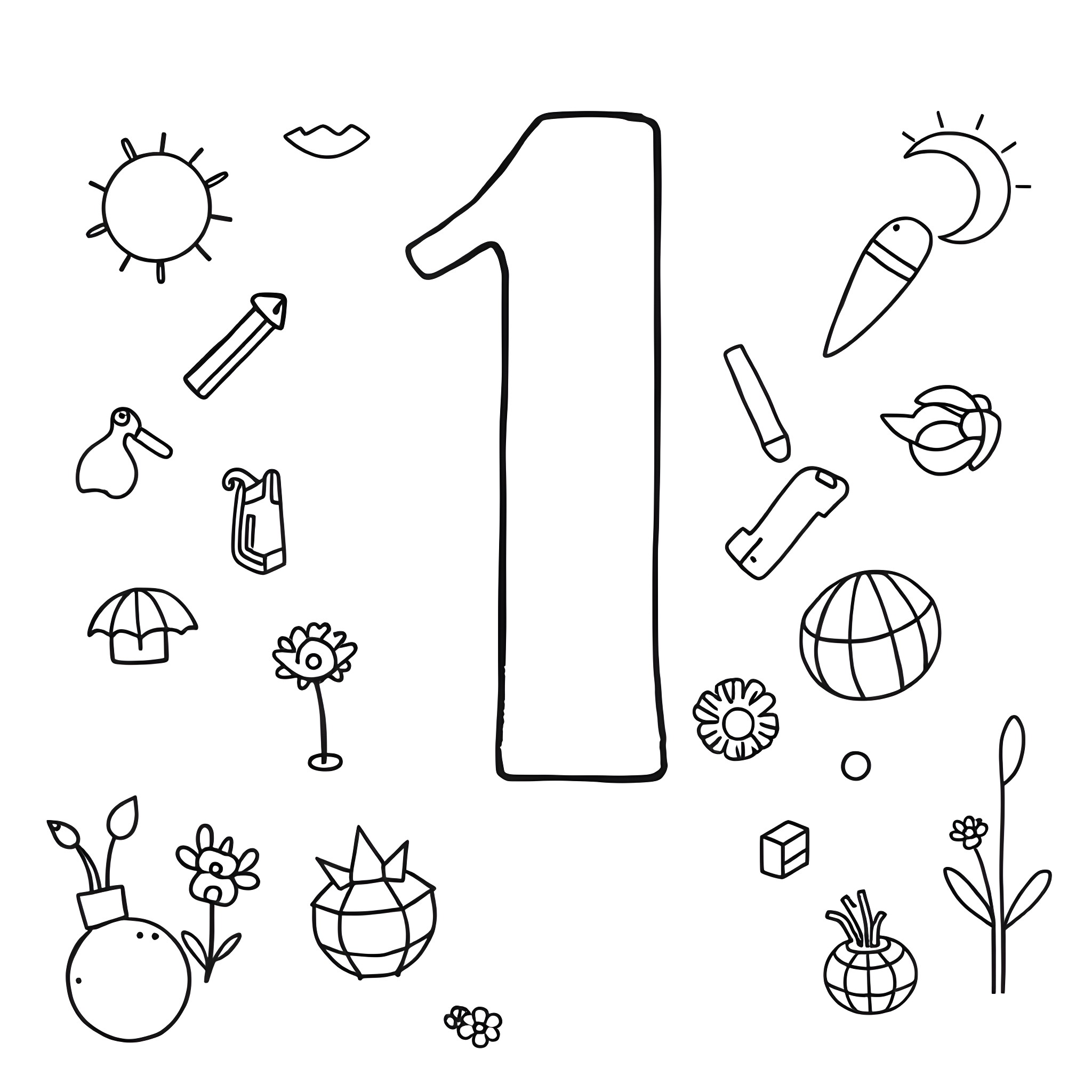 Number 1 surrounded by various icons and symbols Coloring Page (free black-and-white line drawing printable PDF for all, from beginners to advanced learners, including children, teens, adults, and seniors)