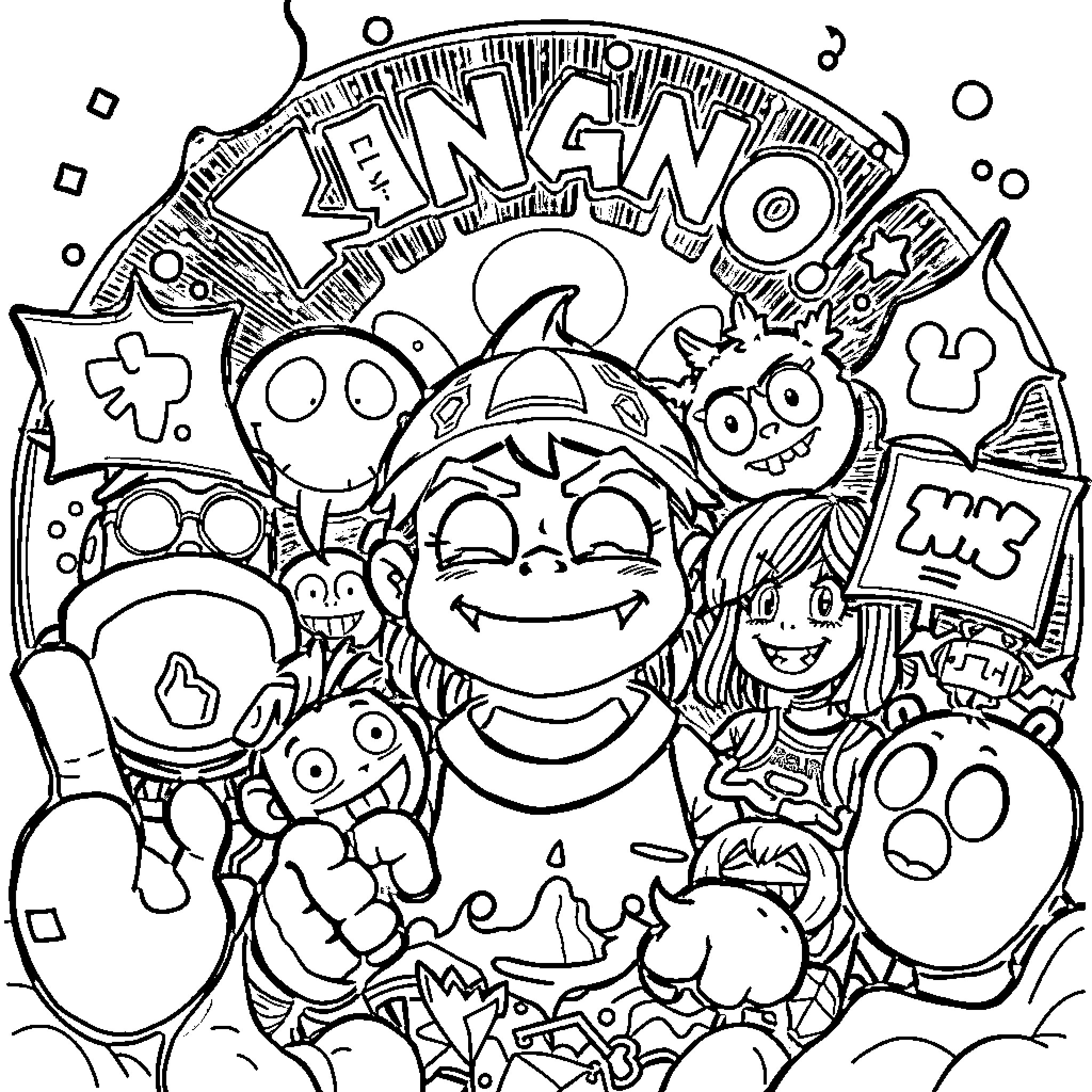 Manga Monsters and Creatures in Whimsical Scene Coloring Page (free black-and-white line drawing printable PDF for all, from beginners to advanced learners, including children, teens, adults, and seniors)