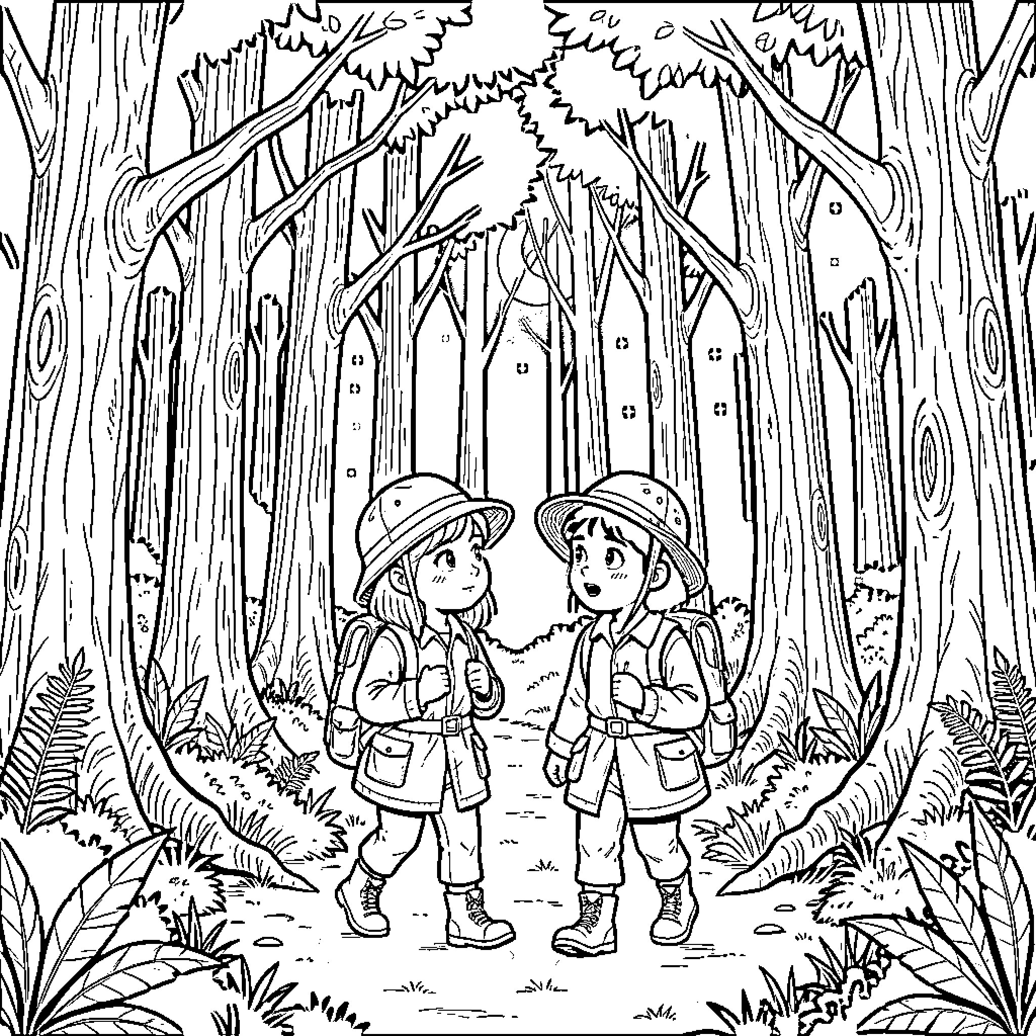 Nina and her friend exploring a lush forest Coloring Page (free black-and-white line drawing printable PDF for all, from beginners to advanced learners, including children, teens, adults, and seniors)