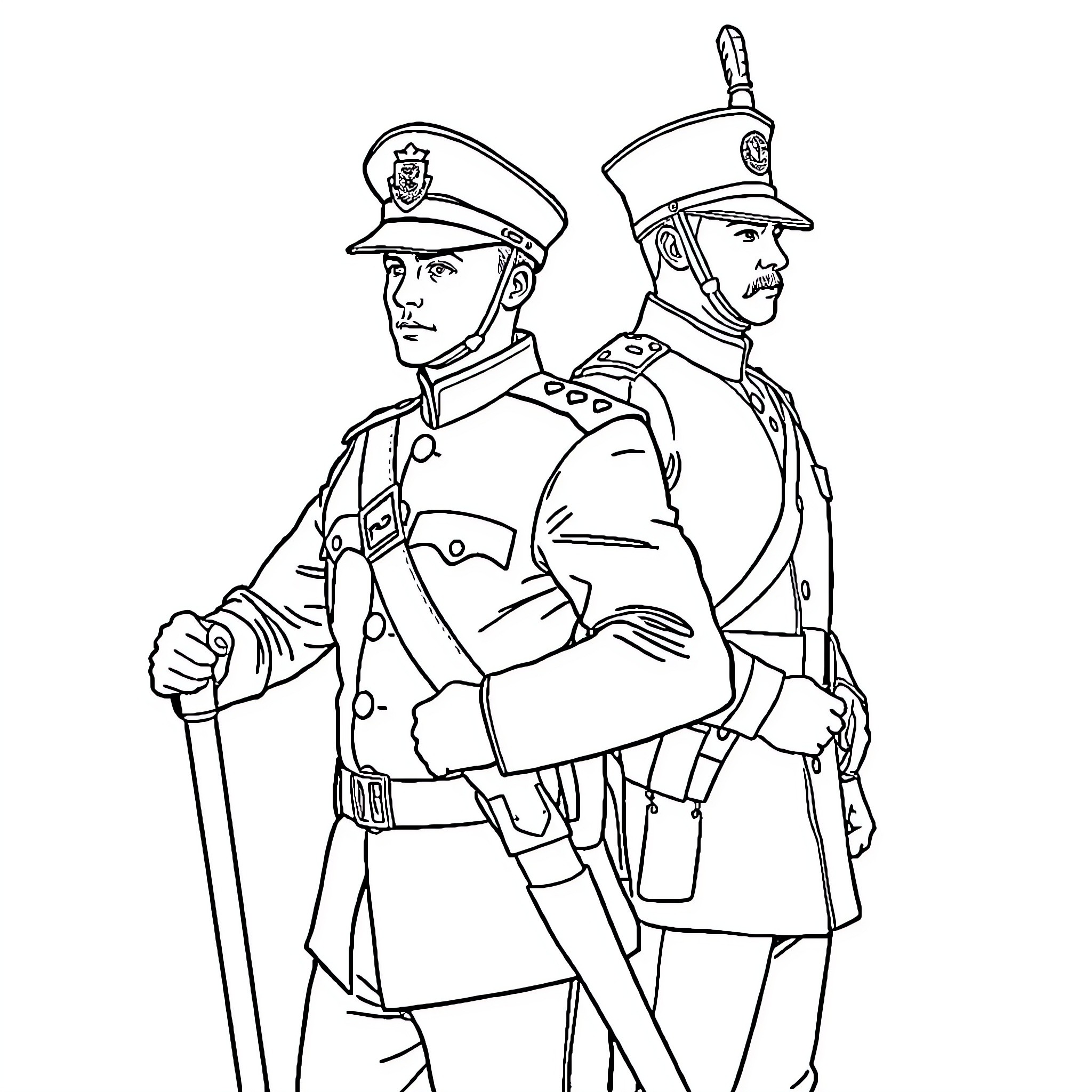 Legionario officers standing in uniform Coloring Page (free black-and-white line drawing printable PDF for all, from beginners to advanced learners, including children, teens, adults, and seniors)